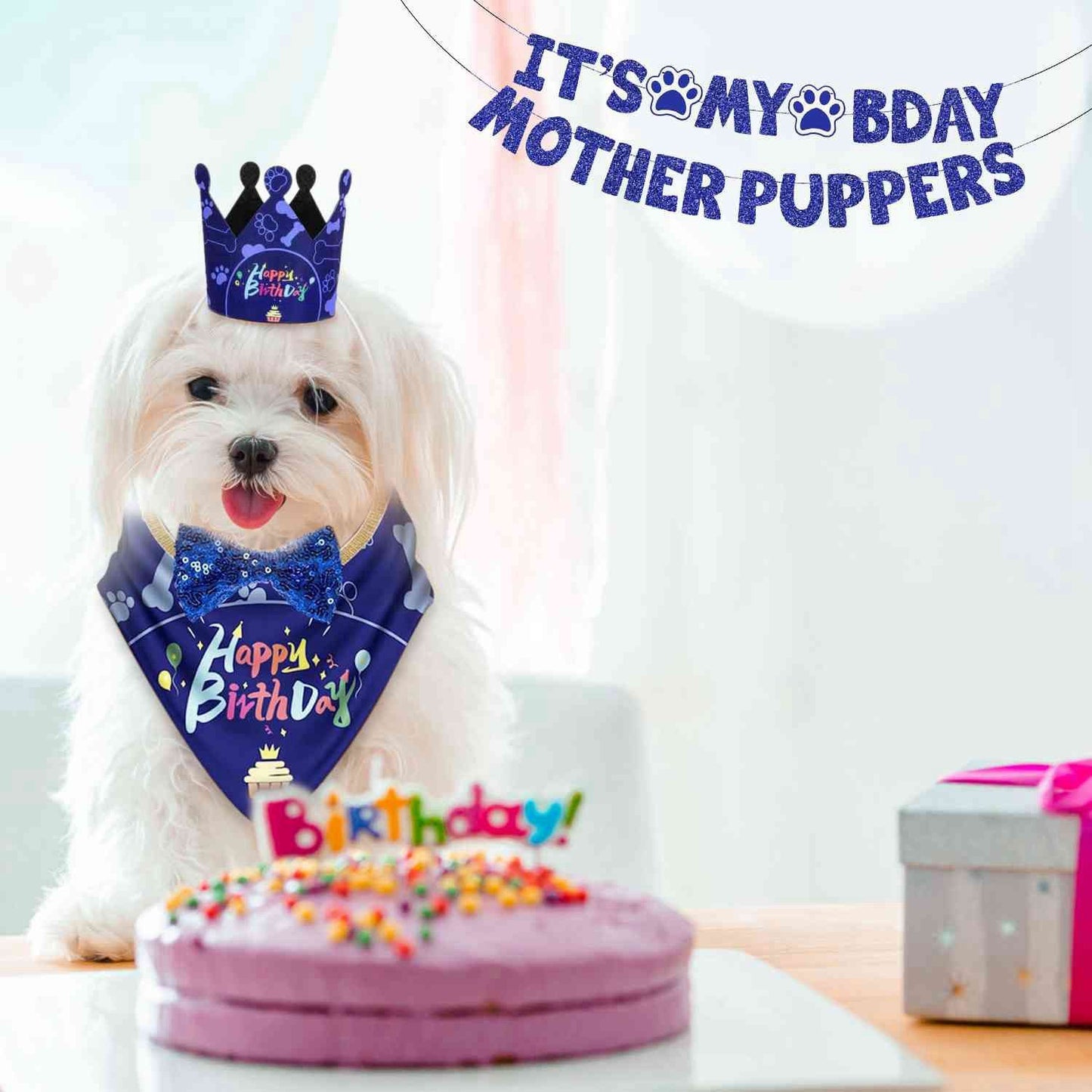 Dog Birthday Party Supplies, Boy Dog Birthday Bandana Set with Cute Dog Bowtie, Scarf, Birthday Banner  Balloons and Hat with Numbers for Medium and Extra Large Dogs Pets(Blue)