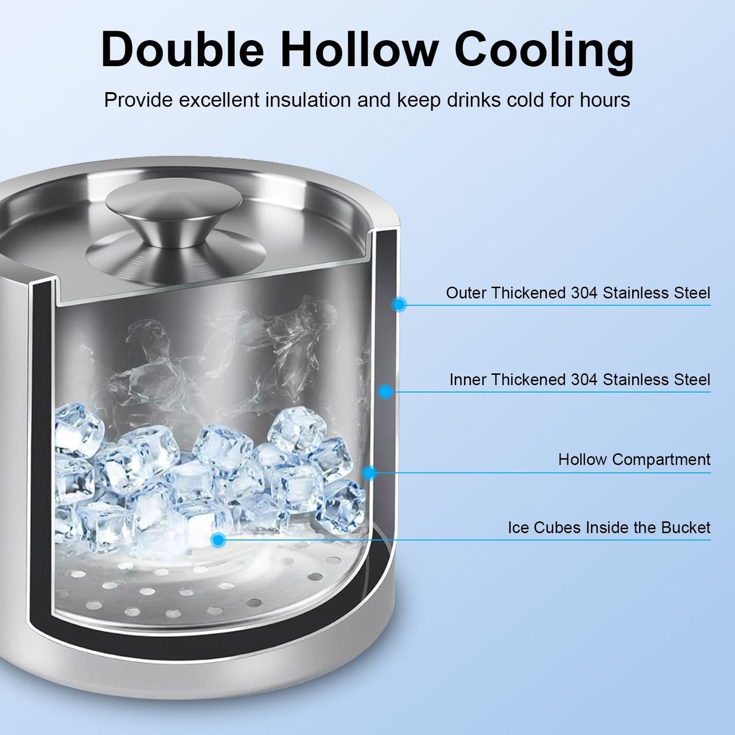 Double-Wall Stainless Steel Insulated Ice Bucket 3L Ice Holder Ice Container with Lid Scoop Strainer Handle for Wine Champagne Beer Parties Cocktails