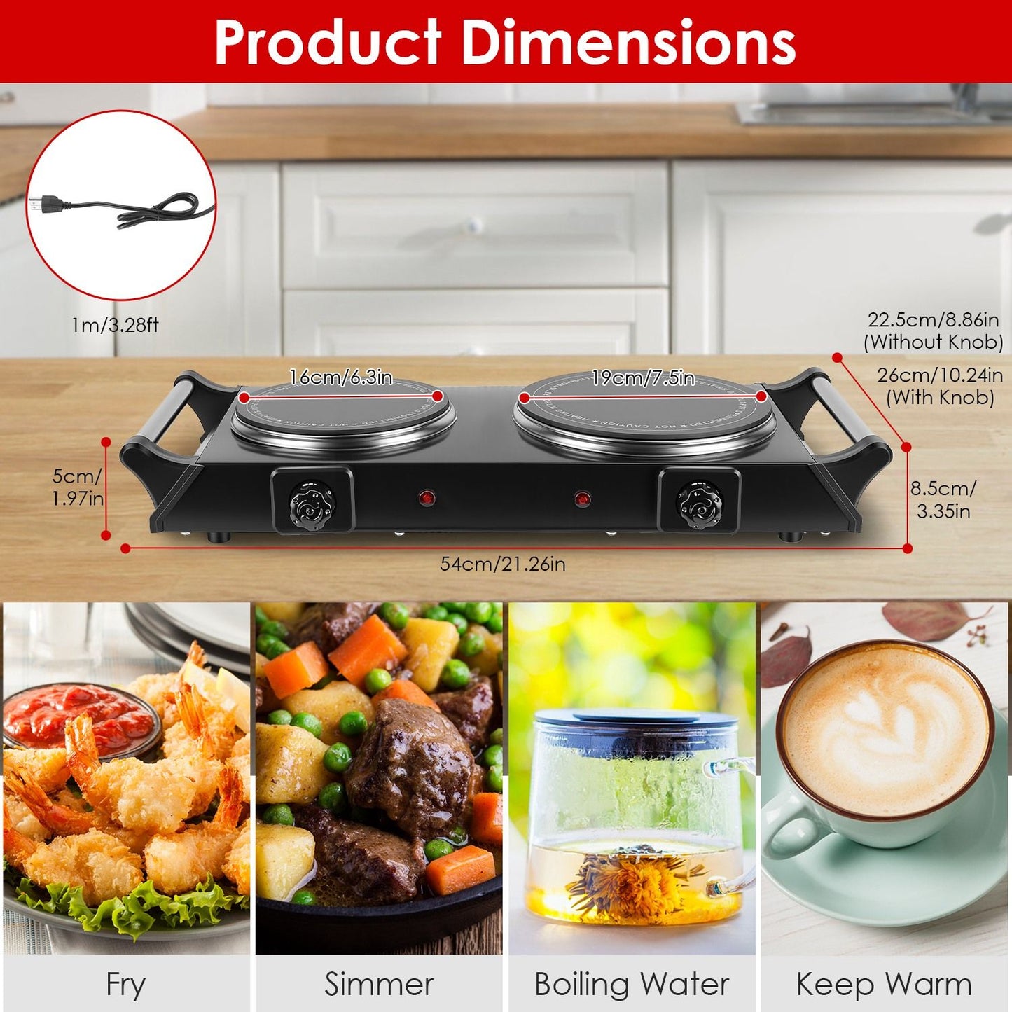 Dual Hot Plate Electric Cooktop - 800W+1000W Power, 6.3in+7.5in Silicon Crystal Glass Plates, 5 Stepless Heating Gears, Thermostat Control & Easy Cleaning, Portable for Dorms/RVs/Camping