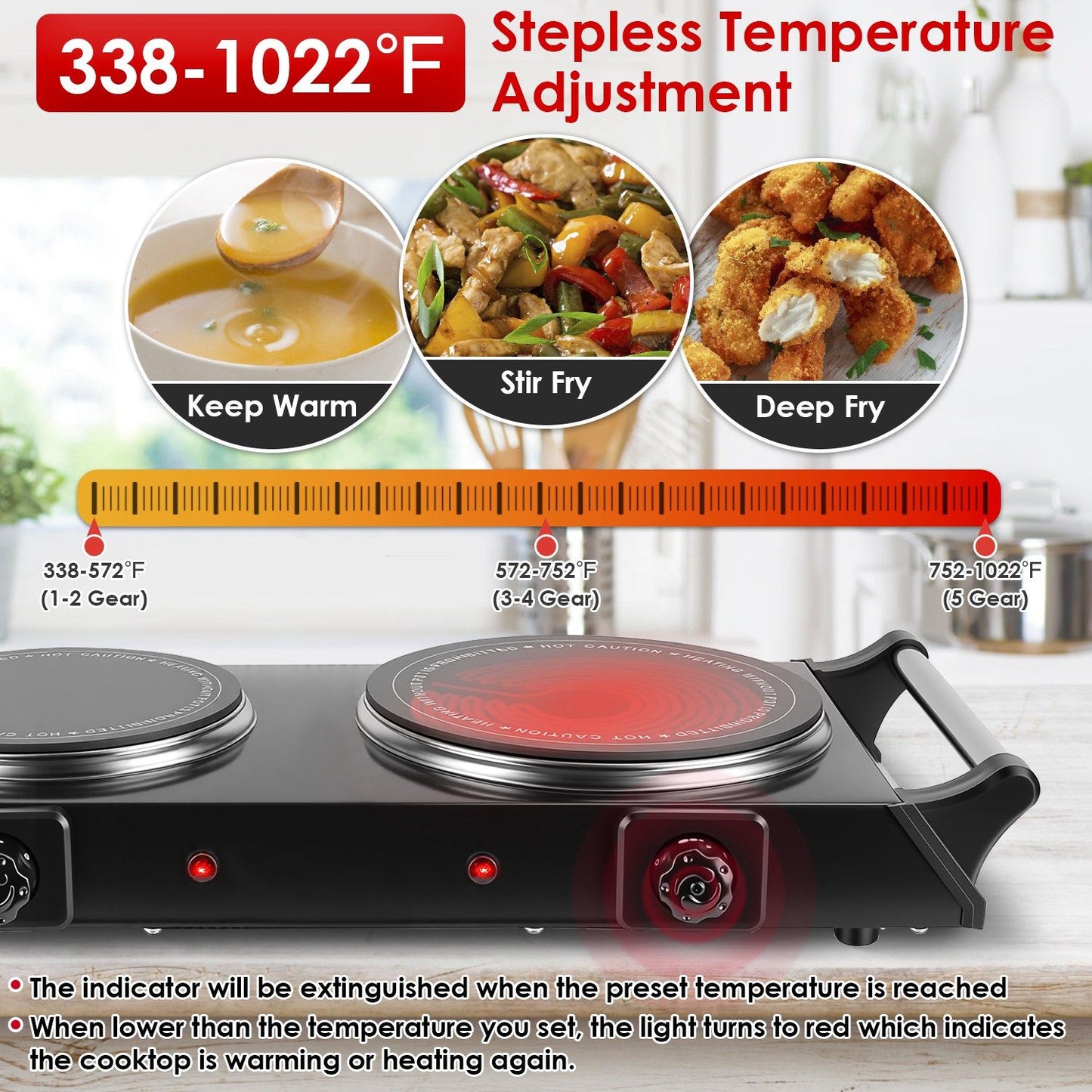Dual Hot Plate Electric Cooktop - 800W+1000W Power, 6.3in+7.5in Silicon Crystal Glass Plates, 5 Stepless Heating Gears, Thermostat Control & Easy Cleaning, Portable for Dorms/RVs/Camping