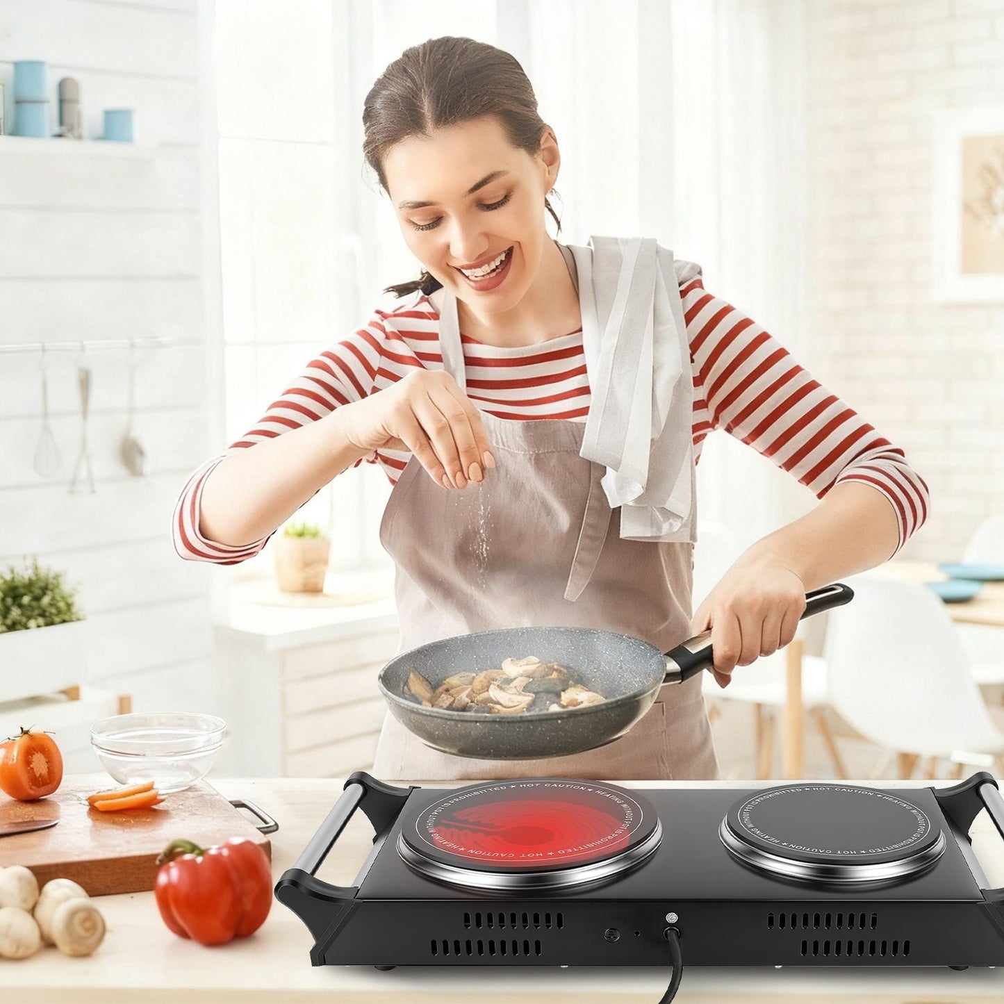 Dual Hot Plate Electric Cooktop - 800W+1000W Power, 6.3in+7.5in Silicon Crystal Glass Plates, 5 Stepless Heating Gears, Thermostat Control & Easy Cleaning, Portable for Dorms/RVs/Camping