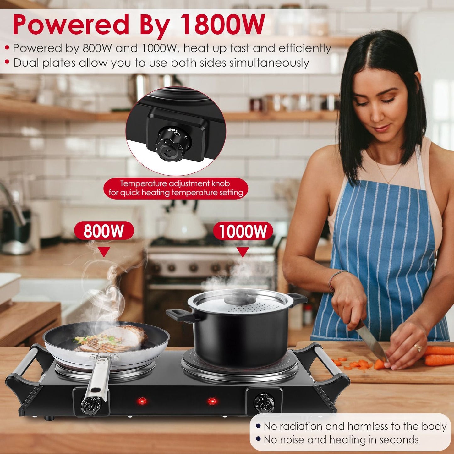 Dual Hot Plate Electric Cooktop - 800W+1000W Power, 6.3in+7.5in Silicon Crystal Glass Plates, 5 Stepless Heating Gears, Thermostat Control & Easy Cleaning, Portable for Dorms/RVs/Camping