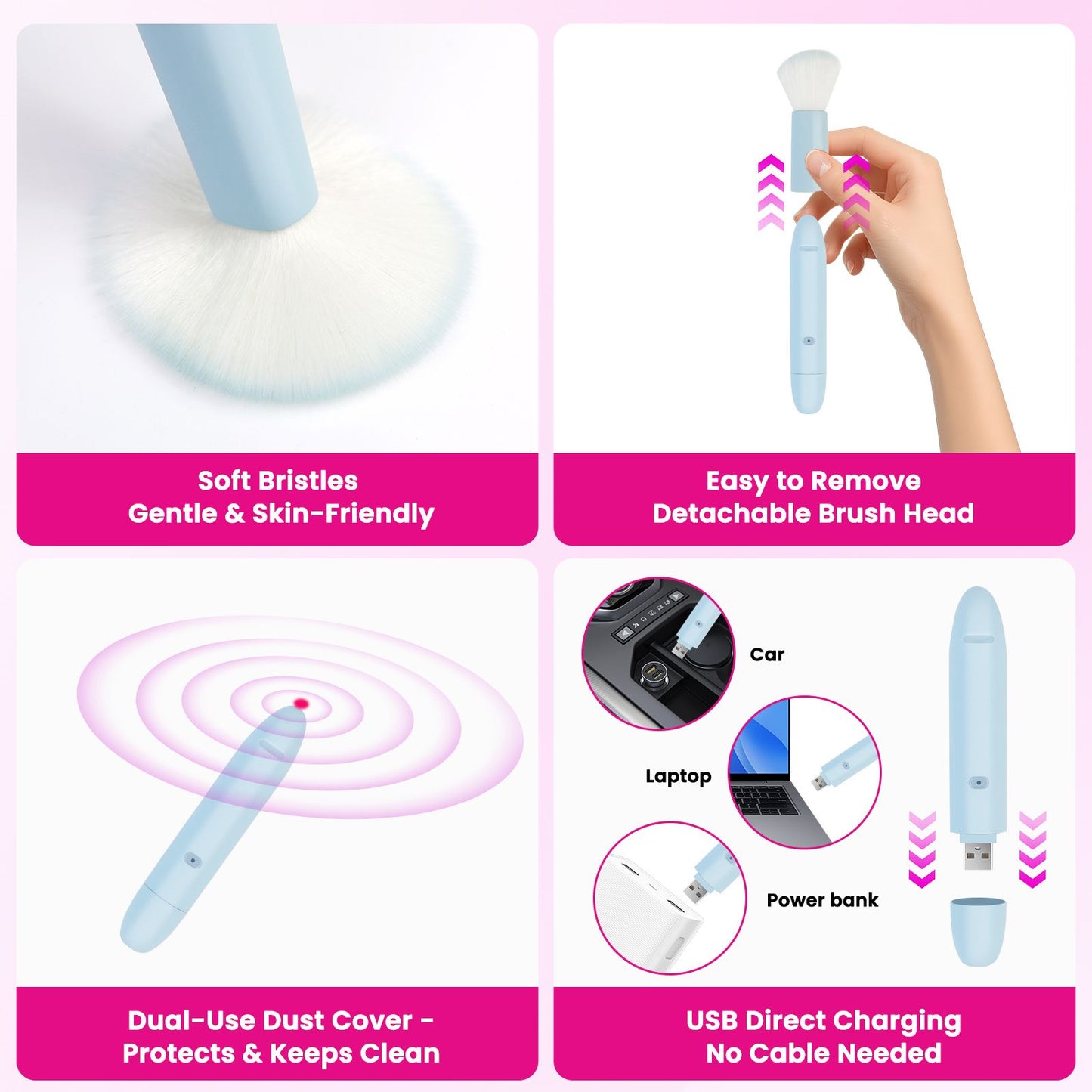 Dual-Use Vibrating Makeup Brush & Personal Massager: 10 Speed Stimulator, Detachable Waterproof Brush Head, USB Direct Charging, Thoughtful Gift for Women