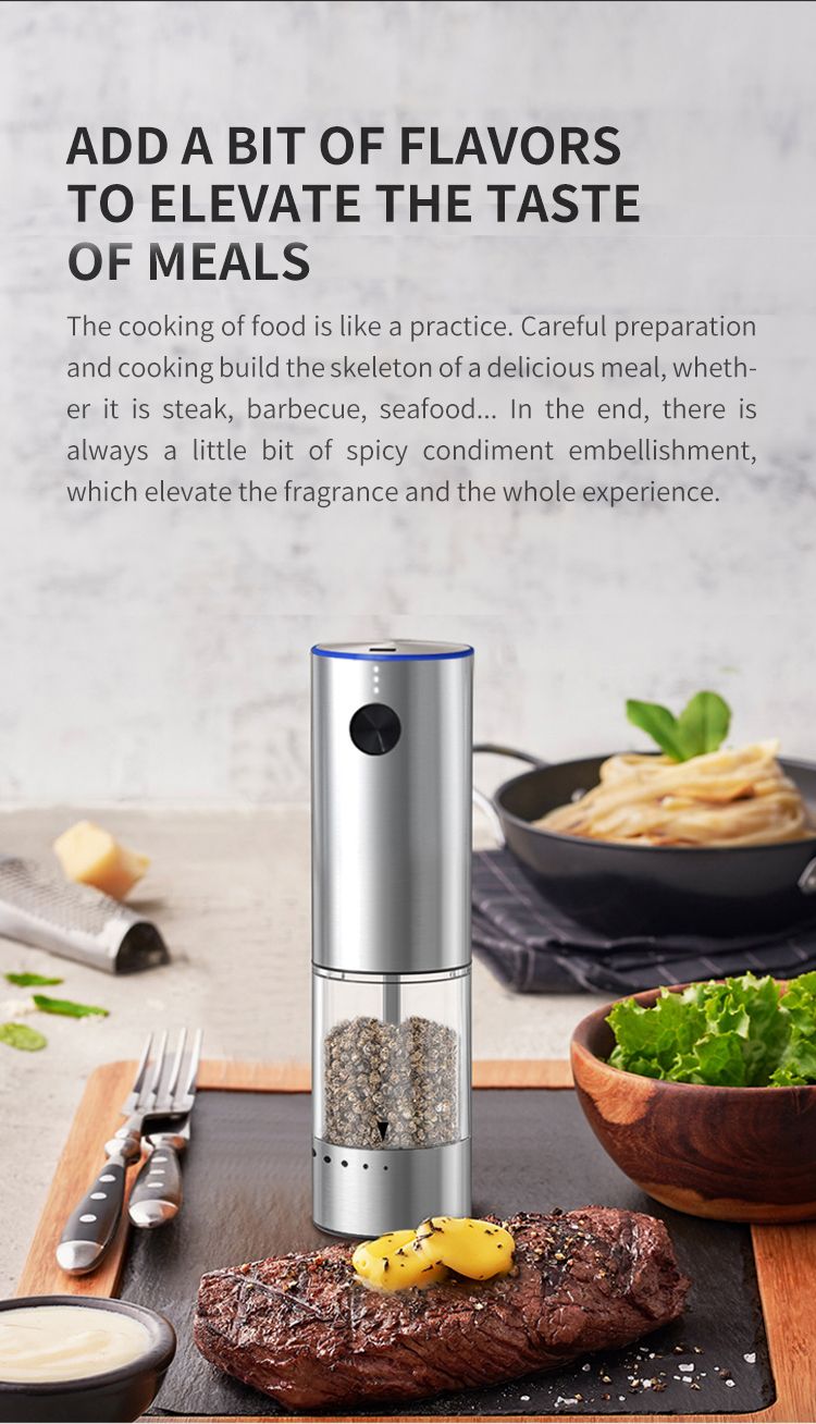 Electric Salt or Pepper Grinder , Stainless Steel with LED Light, Type-C Rechargeable, Ceramic Adjustable Coarseness, 95ml Large Capacity Visible Window, Patented Light Pipe Washable Design for Kitche