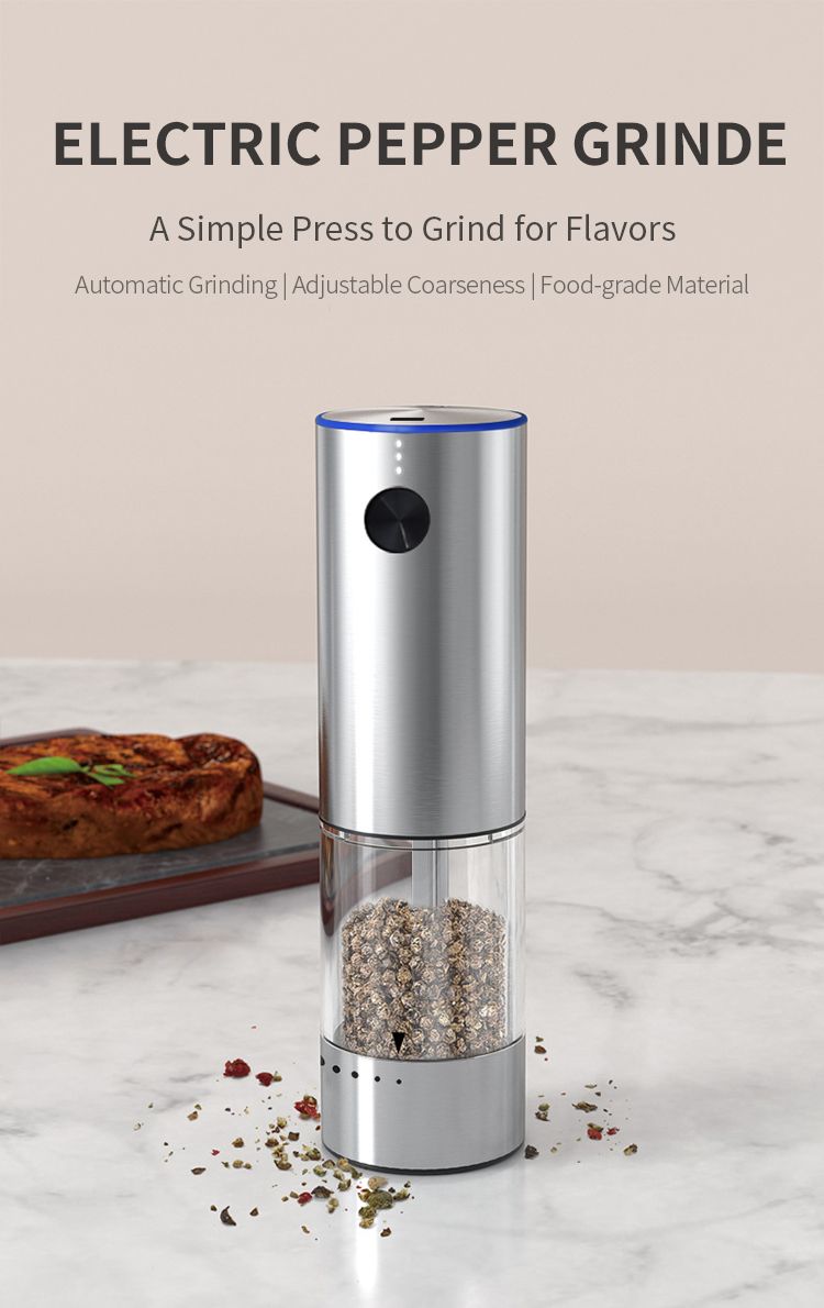 Electric Salt or Pepper Grinder , Stainless Steel with LED Light, Type-C Rechargeable, Ceramic Adjustable Coarseness, 95ml Large Capacity Visible Window, Patented Light Pipe Washable Design for Kitche