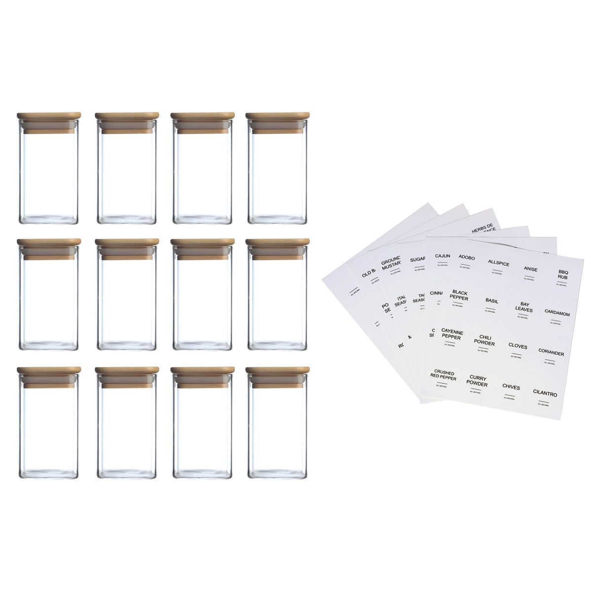Empty Spice Jars with Label Pack (12x Bamboo Lid Glass Jar). Small 8oz Spice Storage Bottles with 72 Printed Spice Stickers and 20 Writable Pantry Labels for Seasoning Containers