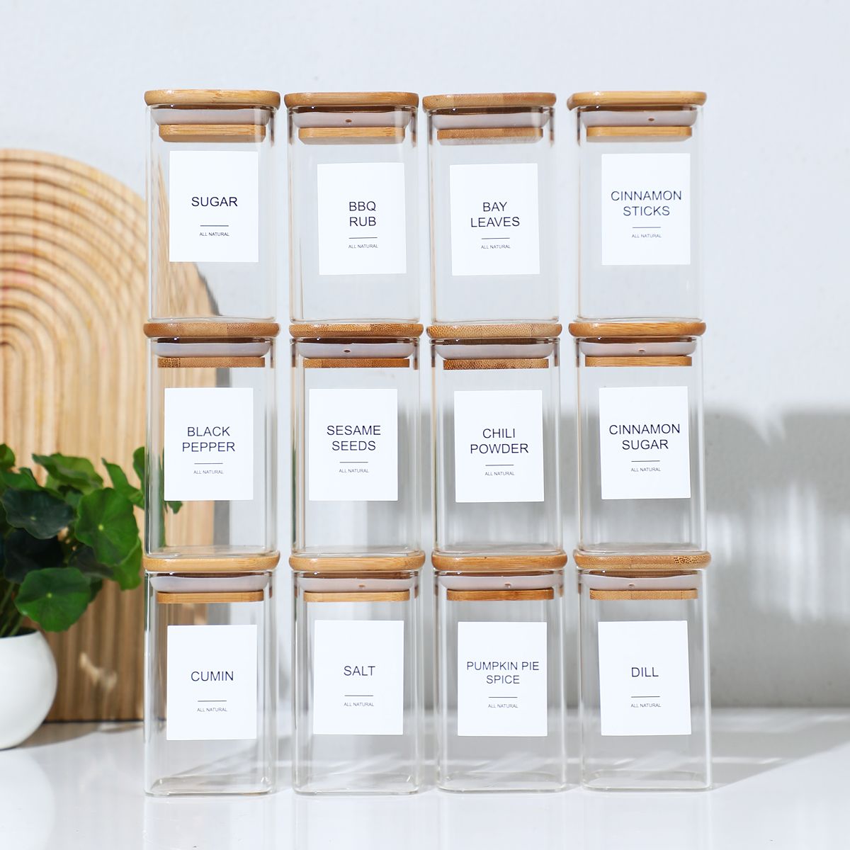 Empty Spice Jars with Label Pack (12x Bamboo Lid Glass Jar). Small 8oz Spice Storage Bottles with 72 Printed Spice Stickers and 20 Writable Pantry Labels for Seasoning Containers