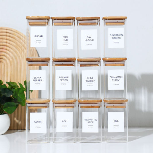 Empty Spice Jars with Label Pack (12x Bamboo Lid Glass Jar). Small 8oz Spice Storage Bottles with 72 Printed Spice Stickers and 20 Writable Pantry Labels for Seasoning Containers