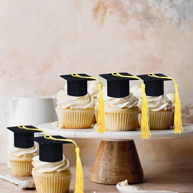 Ephlyn 24Pcs 2025 Graduation Cap Cupcake Toppers DIY 2025 Congrats 3D Grad Cap Cupcake Picks with Gold Tassels for 2025 School Boys Girls Graduate Party Cake Decorations Supplies Gold Black