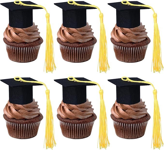 Ephlyn 24Pcs 2025 Graduation Cap Cupcake Toppers DIY 2025 Congrats 3D Grad Cap Cupcake Picks with Gold Tassels for 2025 School Boys Girls Graduate Party Cake Decorations Supplies Gold Black