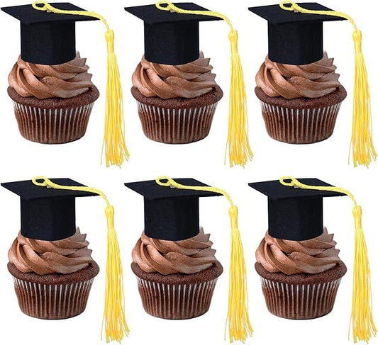 Ephlyn 24Pcs 2025 Graduation Cap Cupcake Toppers DIY 2025 Congrats 3D Grad Cap Cupcake Picks with Gold Tassels for 2025 School Boys Girls Graduate Party Cake Decorations Supplies Gold Black