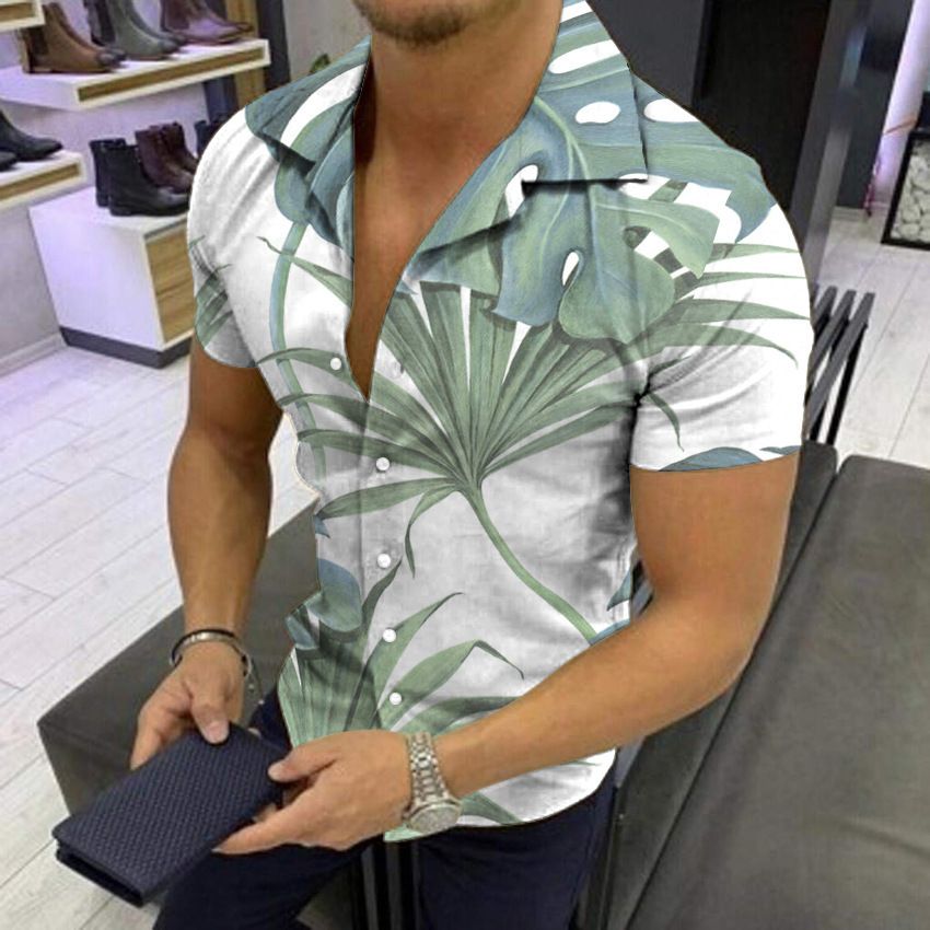 European and American New Men's Casual Shirts Short Sleeve 3D Digital Printing Hawaiian Style Shirts
