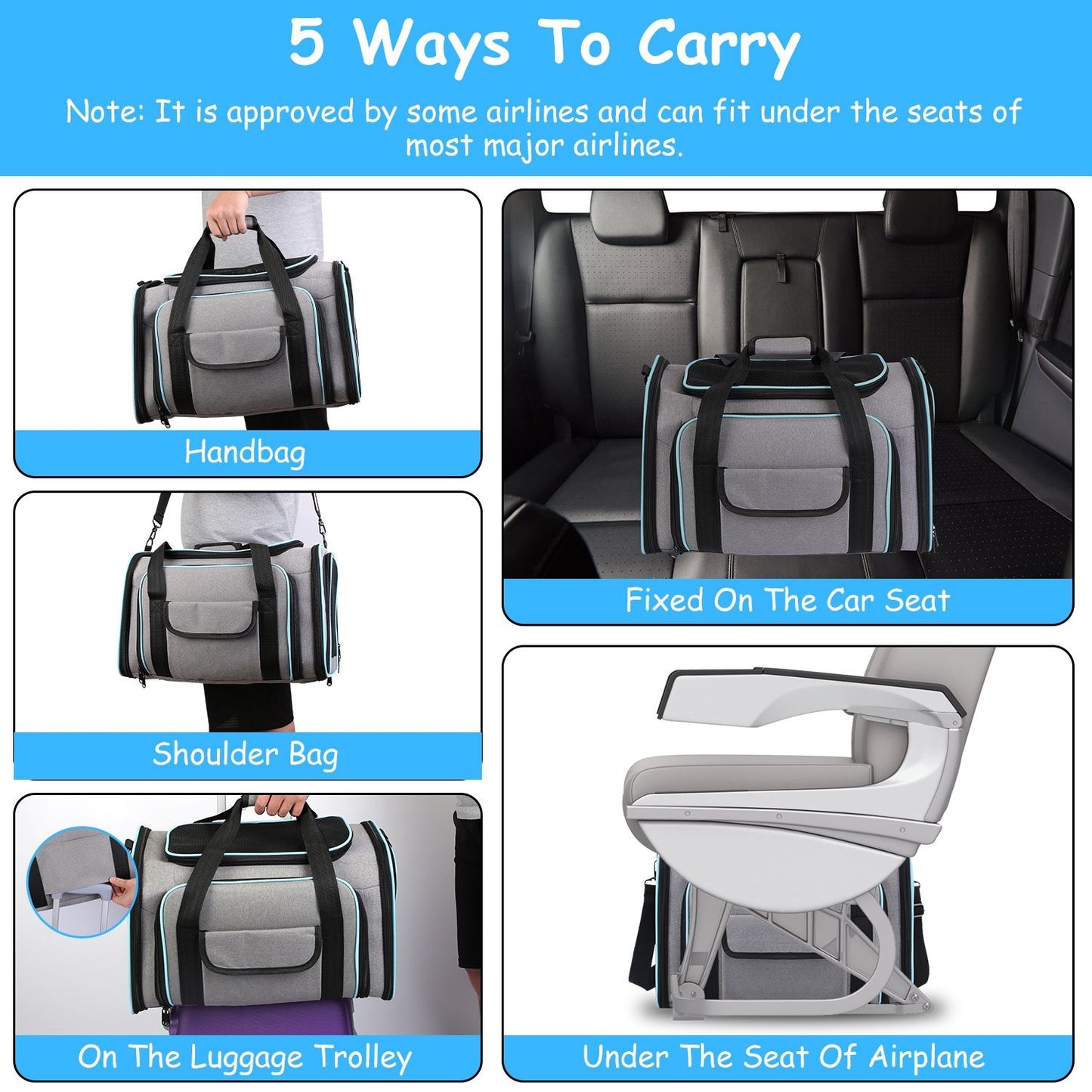 Expandable Pet Carrier Airline Approved Cat Dog Carrier Cat Collapsible Soft Carrier Bag with Removable Fleece Pad Pockets Breathable Mesh Adjustable Shoulder Strap