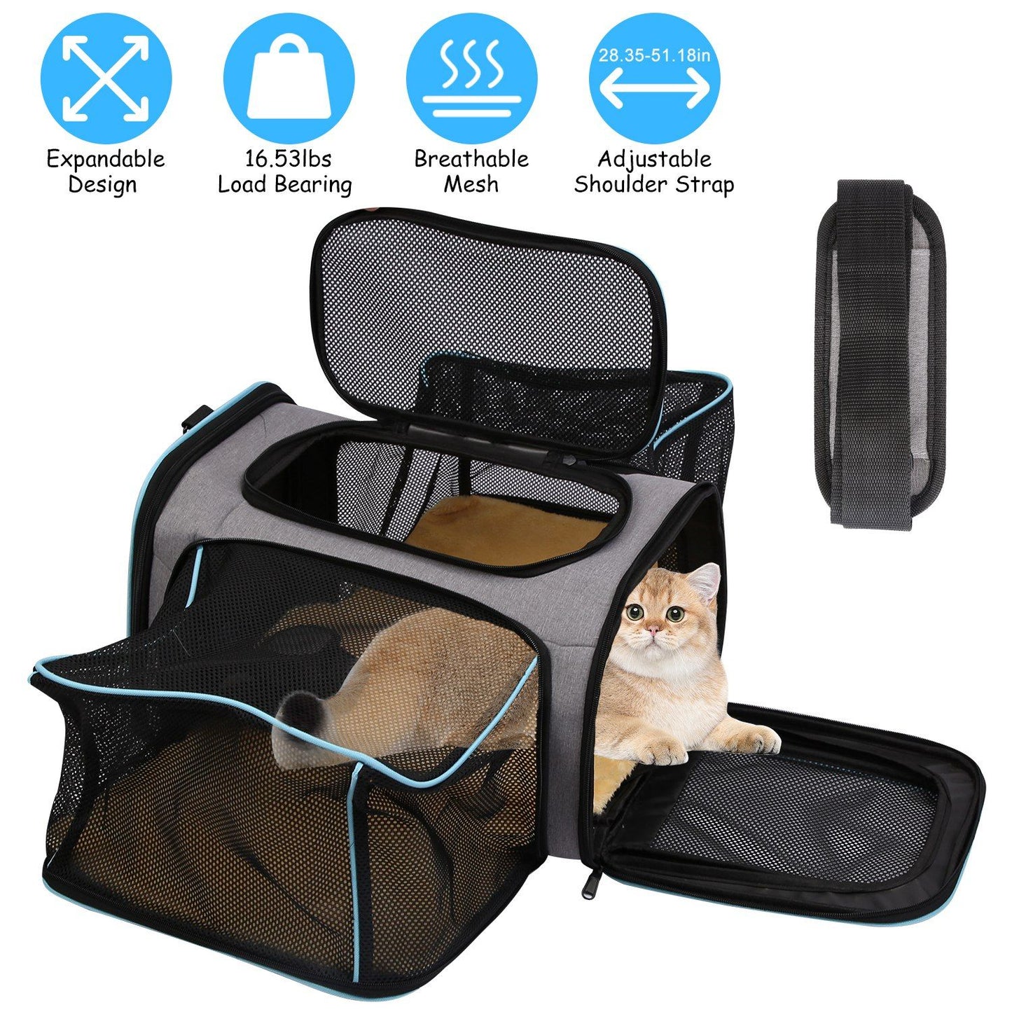 Expandable Pet Carrier Airline Approved Cat Dog Carrier Cat Collapsible Soft Carrier Bag with Removable Fleece Pad Pockets Breathable Mesh Adjustable Shoulder Strap