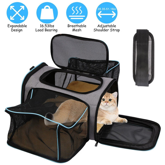 Expandable Pet Carrier Airline Approved Cat Dog Carrier Cat Collapsible Soft Carrier Bag with Removable Fleece Pad Pockets Breathable Mesh Adjustable Shoulder Strap