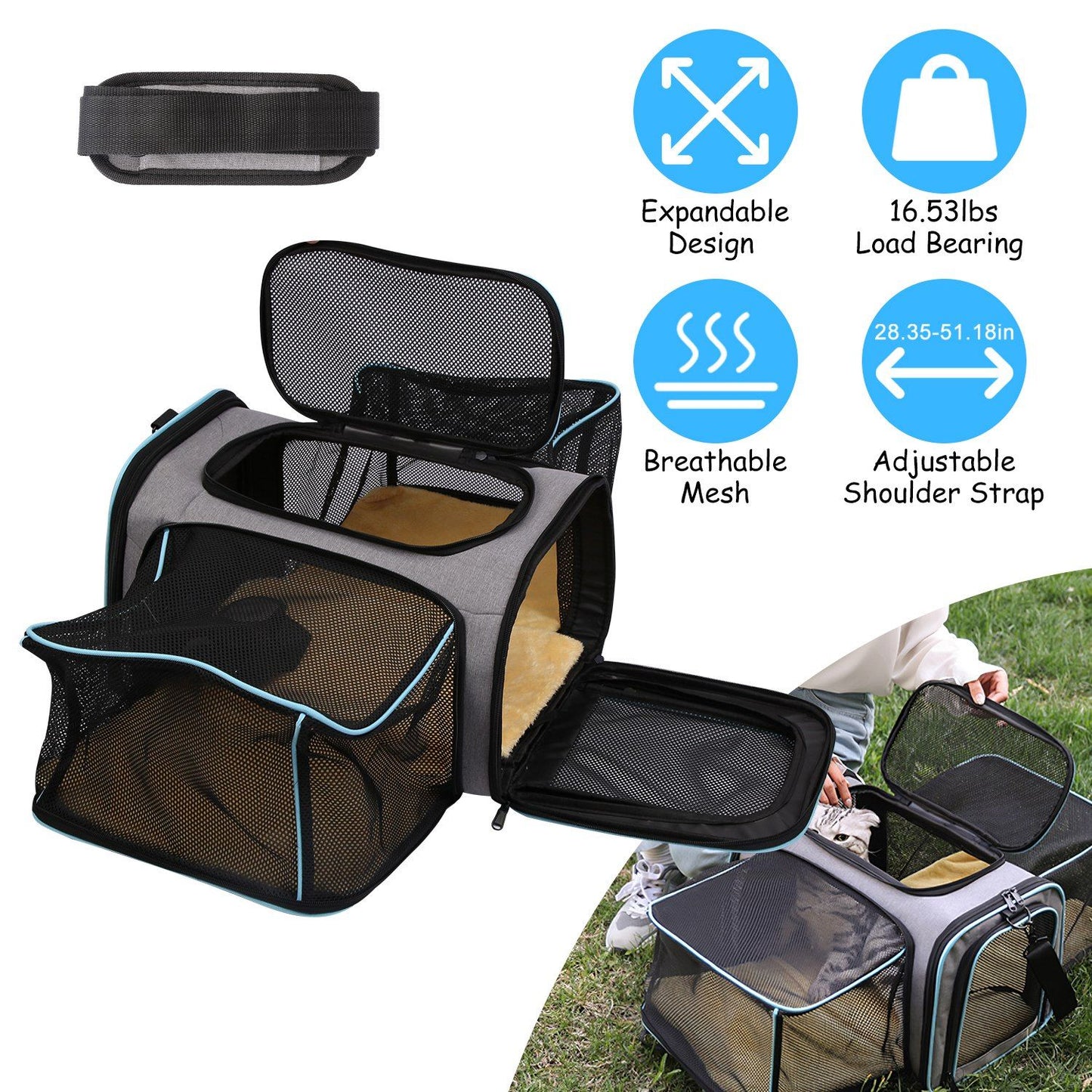 Expandable Pet Carrier Airline Approved Cat Dog Carrier Cat Collapsible Soft Carrier Bag with Removable Fleece Pad Pockets Breathable Mesh Adjustable Shoulder Strap