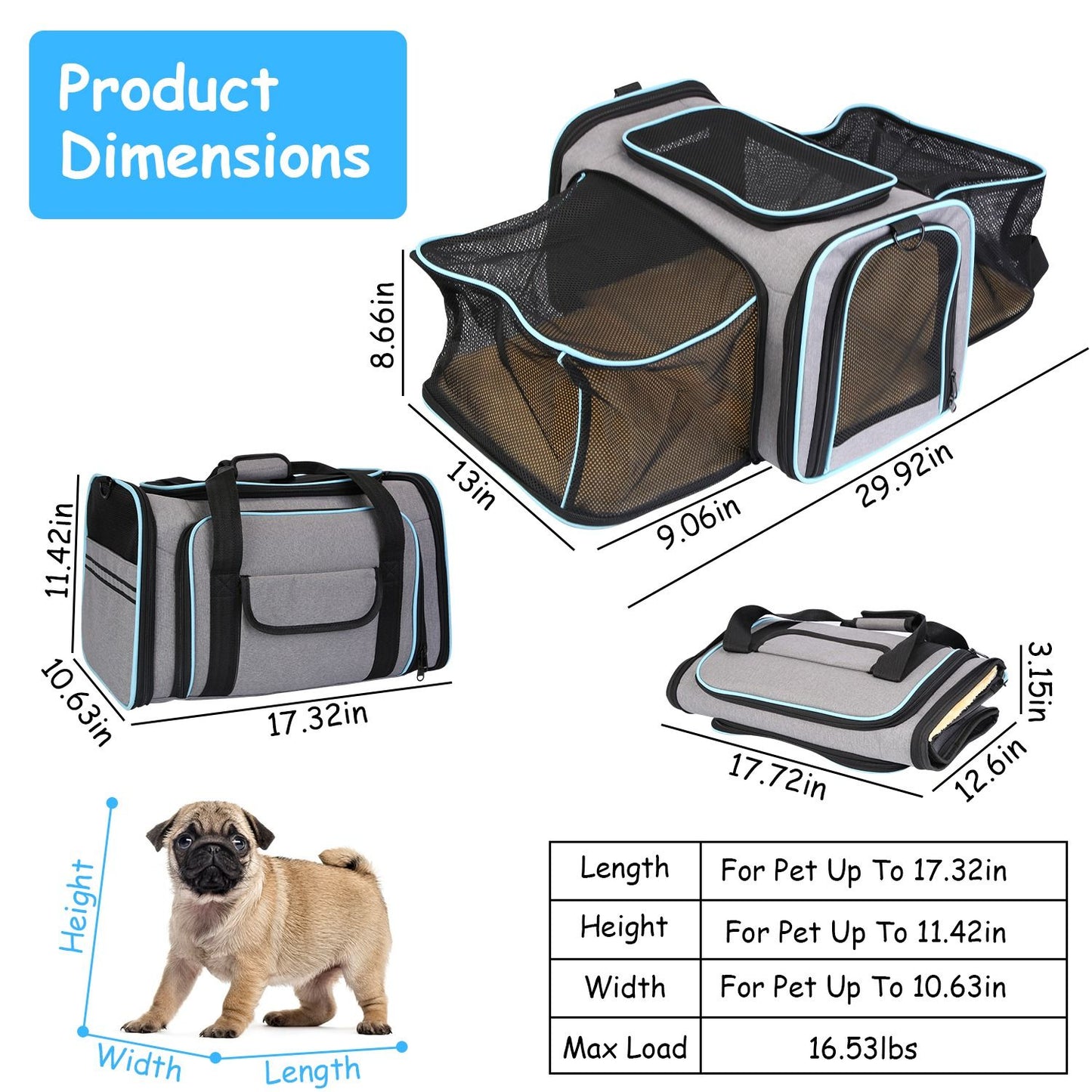 Expandable Pet Carrier Airline Approved Cat Dog Carrier Cat Collapsible Soft Carrier Bag with Removable Fleece Pad Pockets Breathable Mesh Adjustable Shoulder Strap