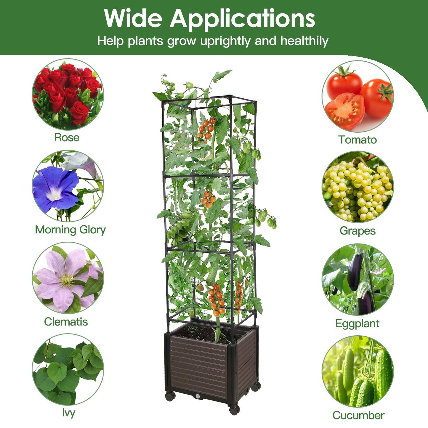 Expandable Rustproof Raised Garden Bed Planter - 62.99in Tall with Trellis, Automatic Water Drainage, 4 Lockable Wheels, Easy Assembly (No Screws), Perfect for Vines/Climbing Plants