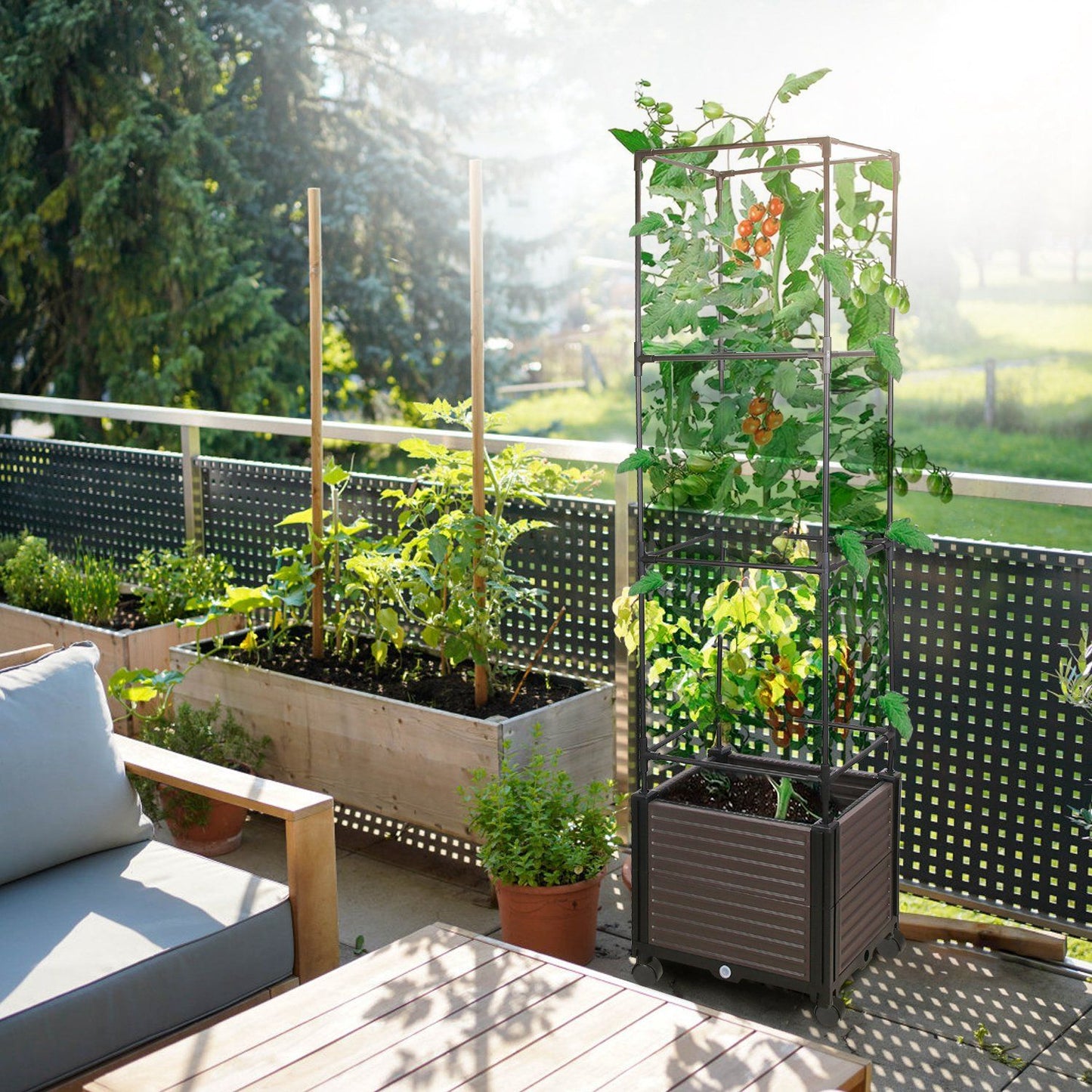 Expandable Rustproof Raised Garden Bed Planter - 62.99in Tall with Trellis, Automatic Water Drainage, 4 Lockable Wheels, Easy Assembly (No Screws), Perfect for Vines/Climbing Plants