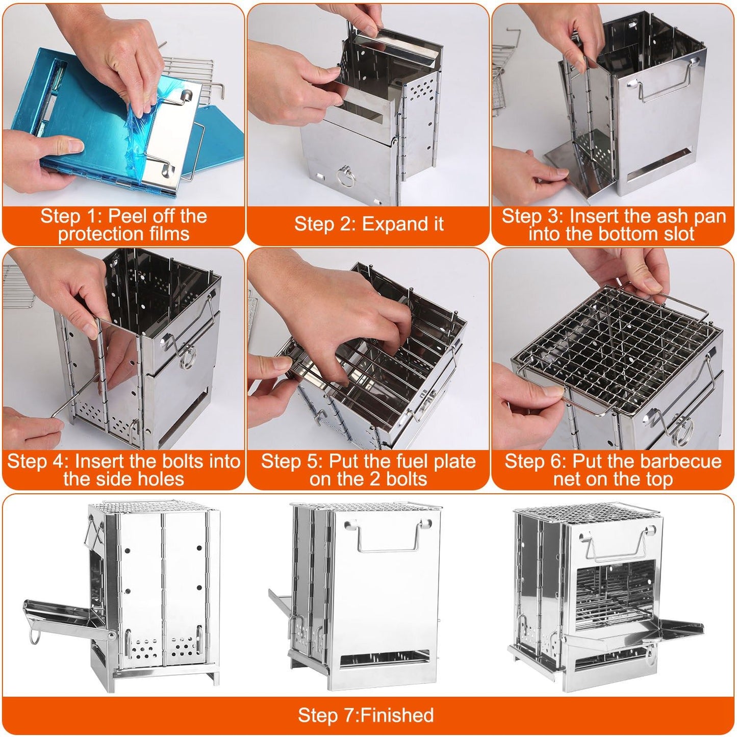 Foldable Camping Wood Burning Stove with Grill, Camp Stove Collapsible Backpacking Survival Stove Stainless Steel Campfire Stove for Outdoor Cooking Picnic Hiking BBQ (Sliver-Large)