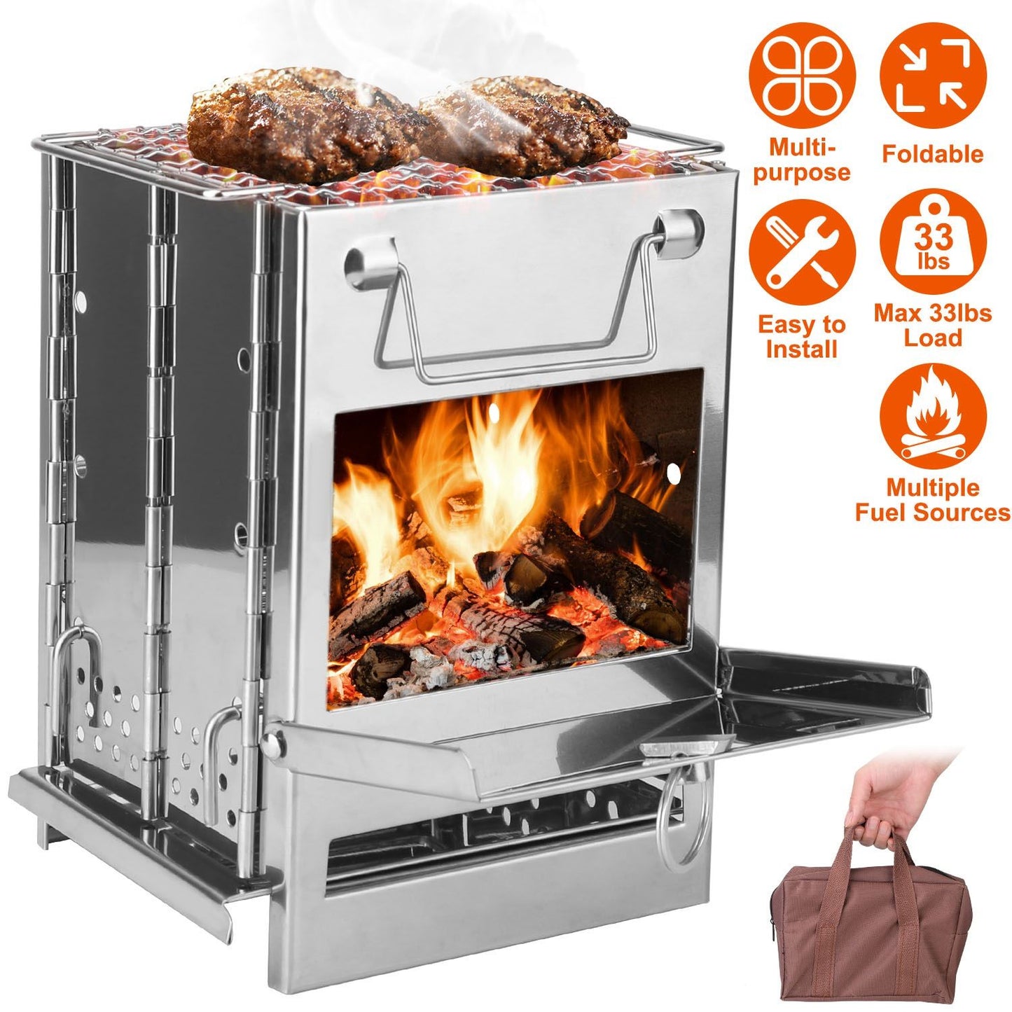 Foldable Camping Wood Burning Stove with Grill, Camp Stove Collapsible Backpacking Survival Stove Stainless Steel Campfire Stove for Outdoor Cooking Picnic Hiking BBQ (Sliver-Large)