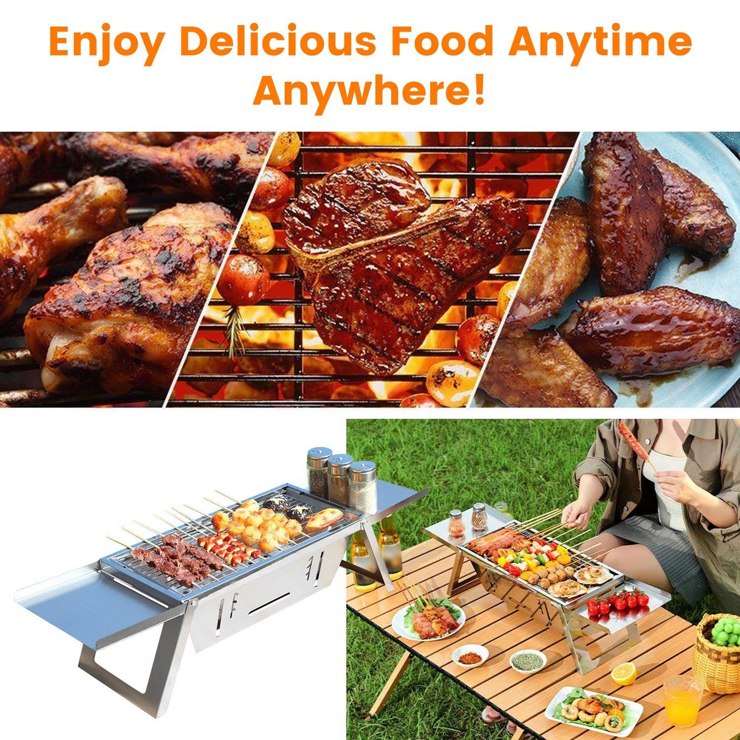 Foldable Charcoal BBQ Grill Stainless Steel Grill Net Easy Setup Portable Tabletop Barbecue Grill for Camping Picnic Outdoor Party Backyard