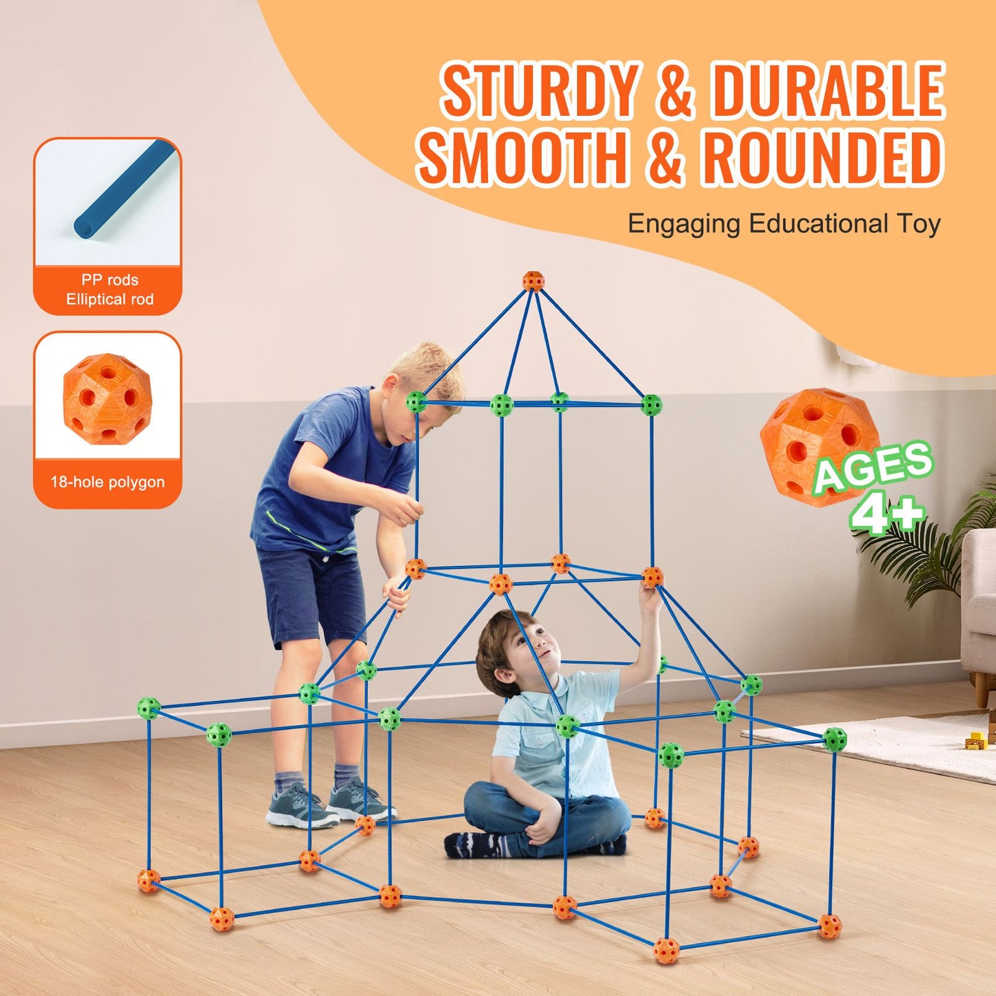 Fort Building Kit for Kids, 120PCS STEM Building Toys, Educational Gift for 4 5 6 7 8+ Year Old Boys & Girls, Indoor Outdoor Play Tent Builder Set Construction Toys with 80 Rods and 40 Balls