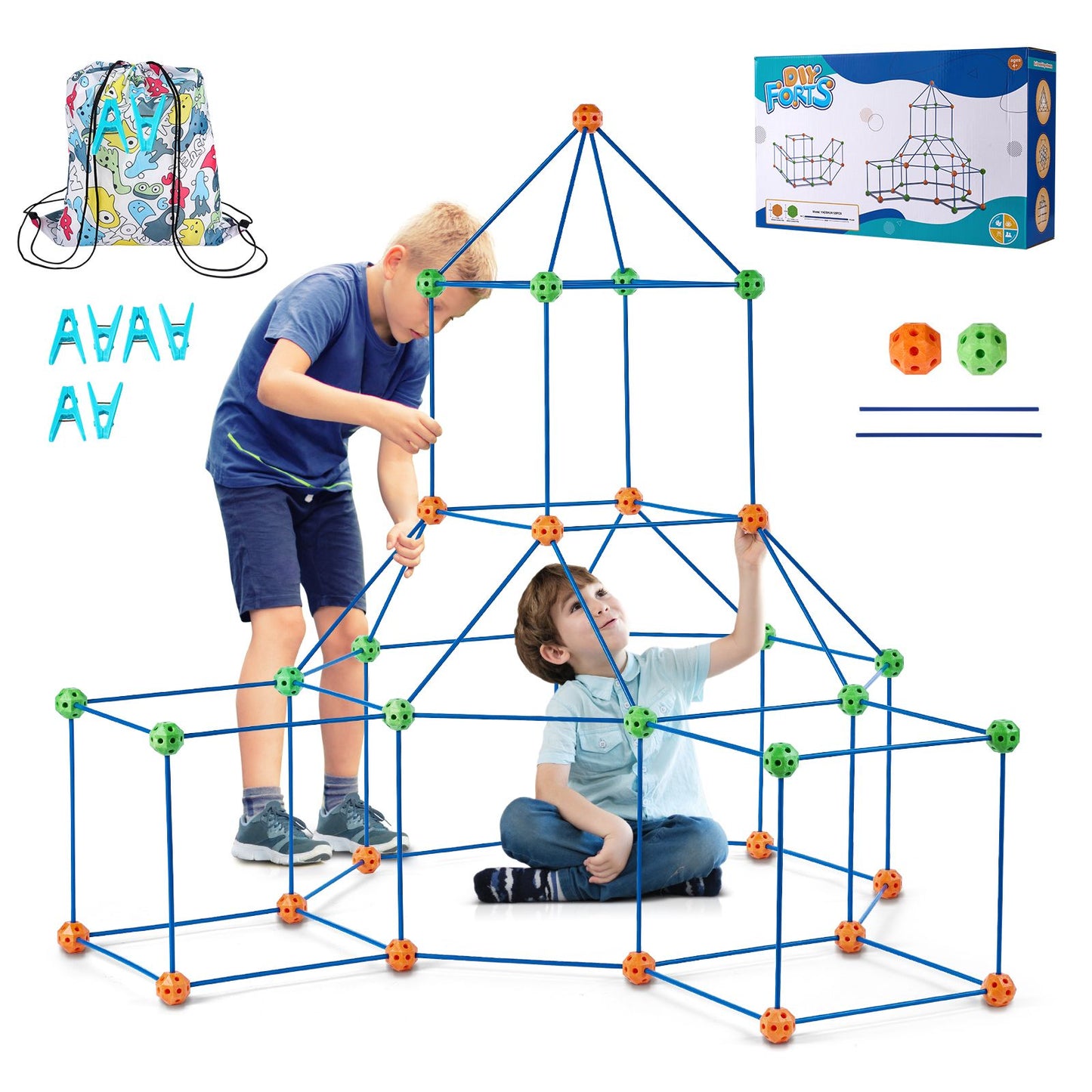 Fort Building Kit for Kids, 120PCS STEM Building Toys, Educational Gift for 4 5 6 7 8+ Year Old Boys & Girls, Indoor Outdoor Play Tent Builder Set Construction Toys with 80 Rods and 40 Balls