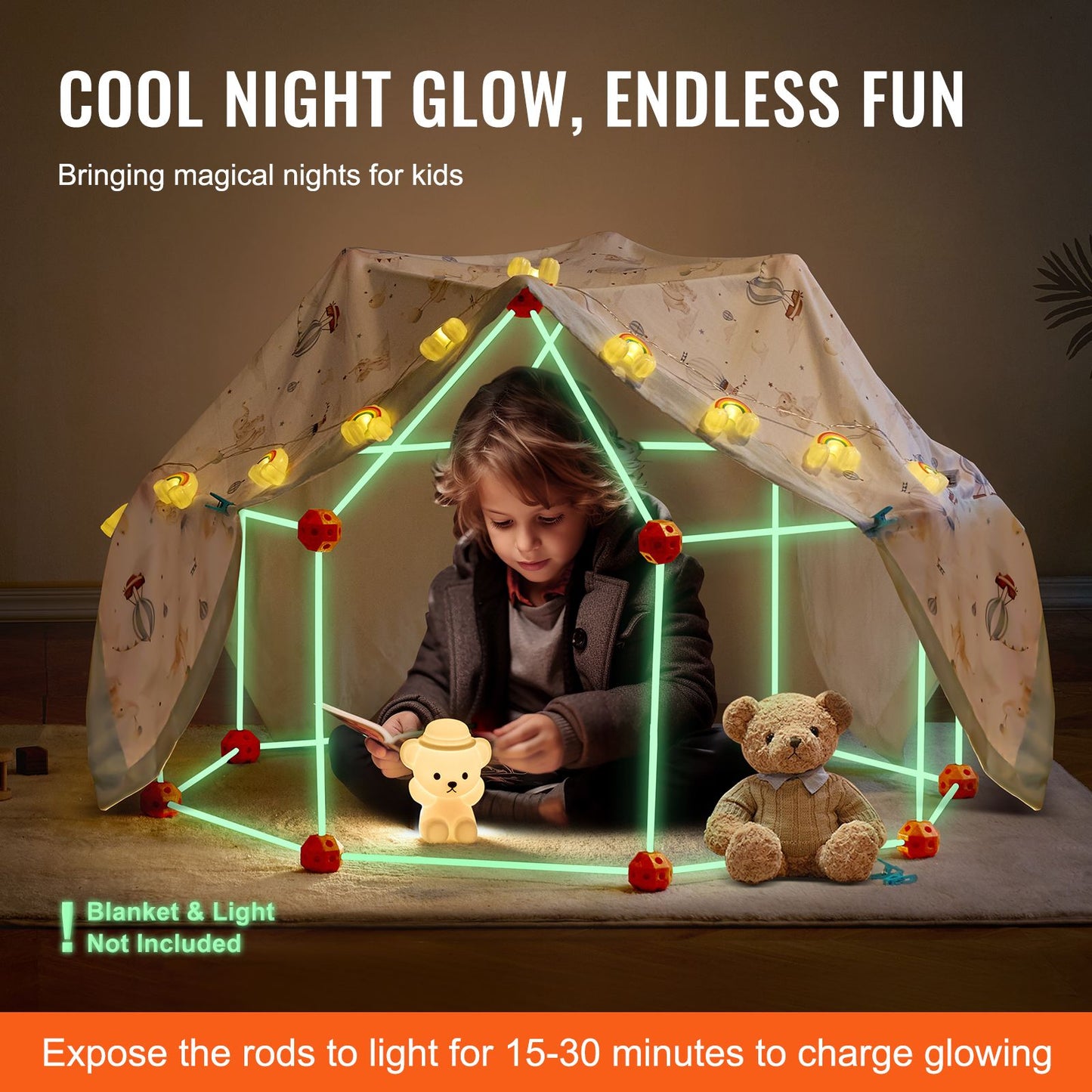 Fort Building Kit for Kids, 140PCS Glow in The Dark STEM Building Toys, Educational Gift for 4 5 6 7 8+ Year Old Boys & Girls Indoor Outdoor Play Tent Construction Toys with 96 Rods and 44 Balls