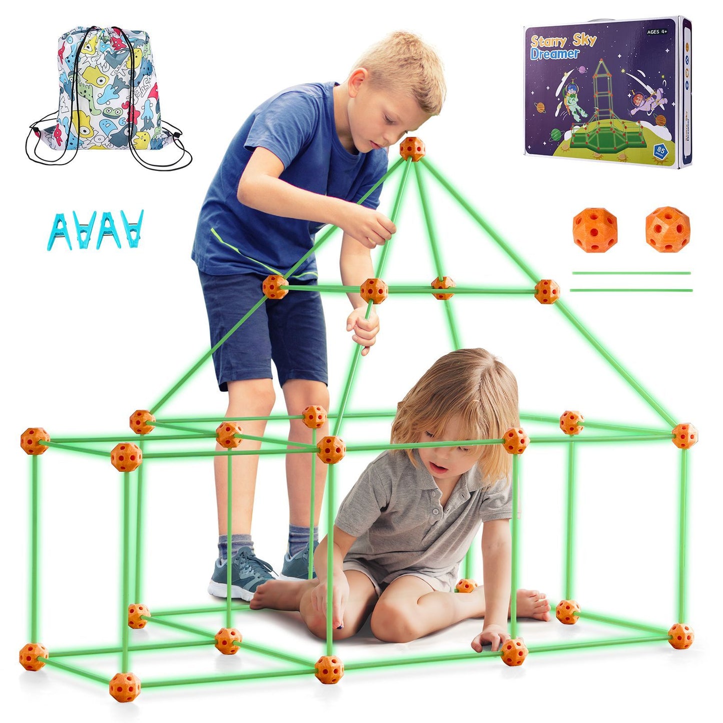 Fort Building Kit for Kids, 85PCS Glow in The Dark STEM Building Toys, Educational Gift for 4 5 6 7 8+ Year Old Boys & Girls, Indoor Outdoor Play Tent Construction Toys with 55 Rods and 30 Balls