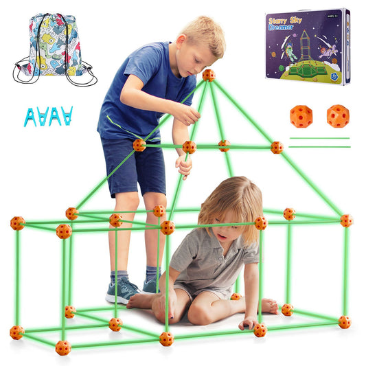 Fort Building Kit for Kids, 85PCS Glow in The Dark STEM Building Toys, Educational Gift for 4 5 6 7 8+ Year Old Boys & Girls, Indoor Outdoor Play Tent Construction Toys with 55 Rods and 30 Balls