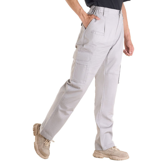 FR Pants for Men, 9 oz 100% Cotton, Flame-Resistant Cargo Pants with Multi-Pockets and Elastic Waist, Reinforced Tear-proof Stitching, Ideal for Welding Work and Casual Wear, L Size, Gray