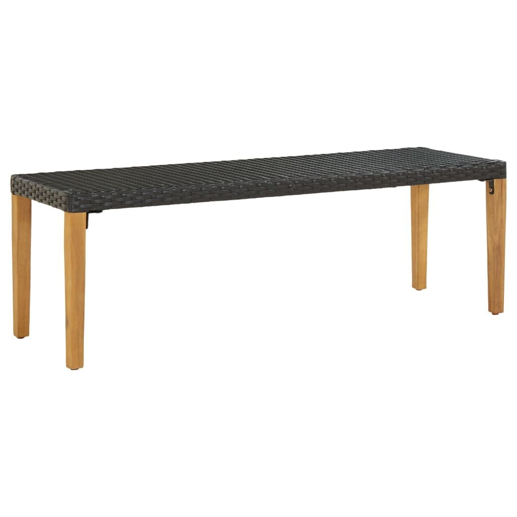Garden Bench Black, Natural Wood Poly Rattan, Solid Acacia Wood