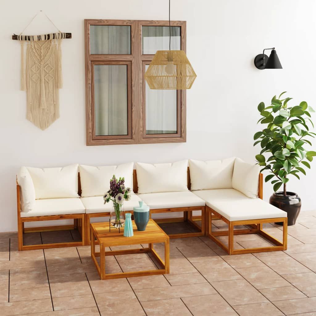 Garden Lounge Set Cream, Brown Solid acacia wood, 100% polyester