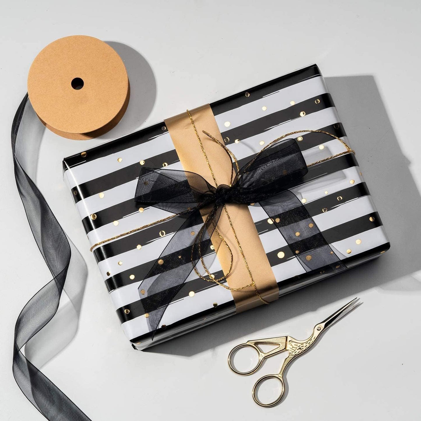 Gift Wrapping Paper Roll - 17In x 120In Per Roll - Luxury Black and Gold Stripe Anniversary Present Gift Wrap Paper for Men Birthday, Christmas, Wedding, Graduation, Father's Day and Party