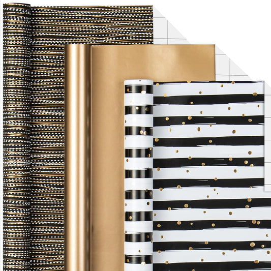 Gift Wrapping Paper Roll - 17In x 120In Per Roll - Luxury Black and Gold Stripe Anniversary Present Gift Wrap Paper for Men Birthday, Christmas, Wedding, Graduation, Father's Day and Party