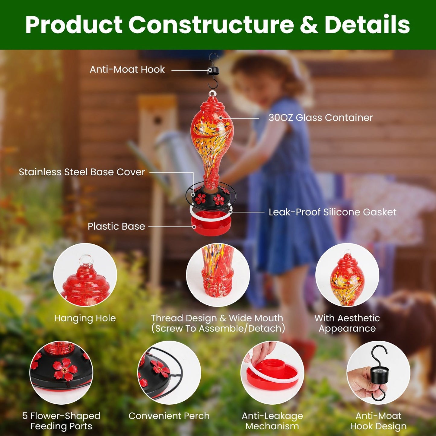 Glass Hummingbird Feeder 33OZ Hand Blown Hummingbird Feeder with 5 Flower Feeding Port Perch Ant Moat Hanging Hook S Hook Hemp Rope Cleaning Brush for Garden Backyard Decor
