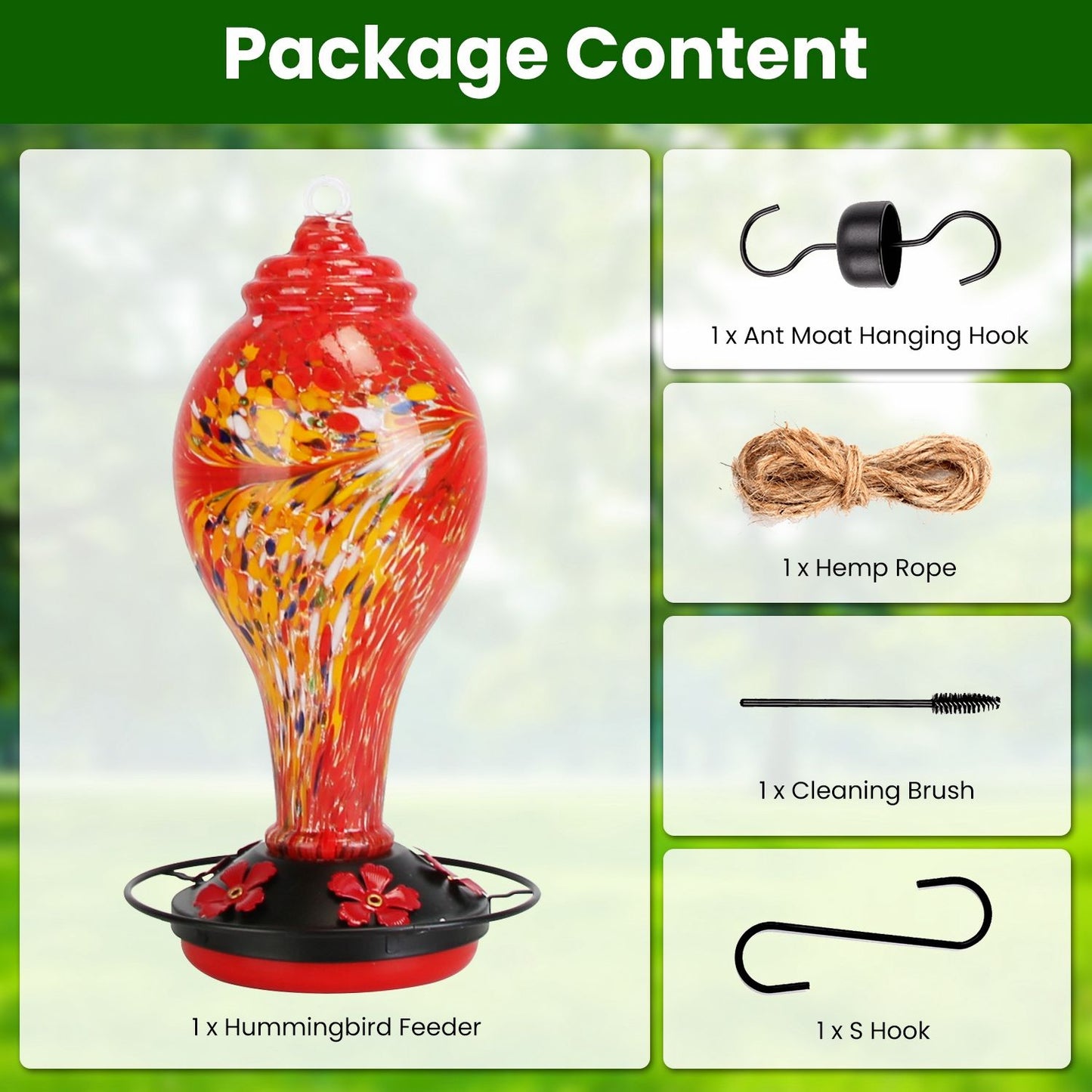 Glass Hummingbird Feeder 33OZ Hand Blown Hummingbird Feeder with 5 Flower Feeding Port Perch Ant Moat Hanging Hook S Hook Hemp Rope Cleaning Brush for Garden Backyard Decor