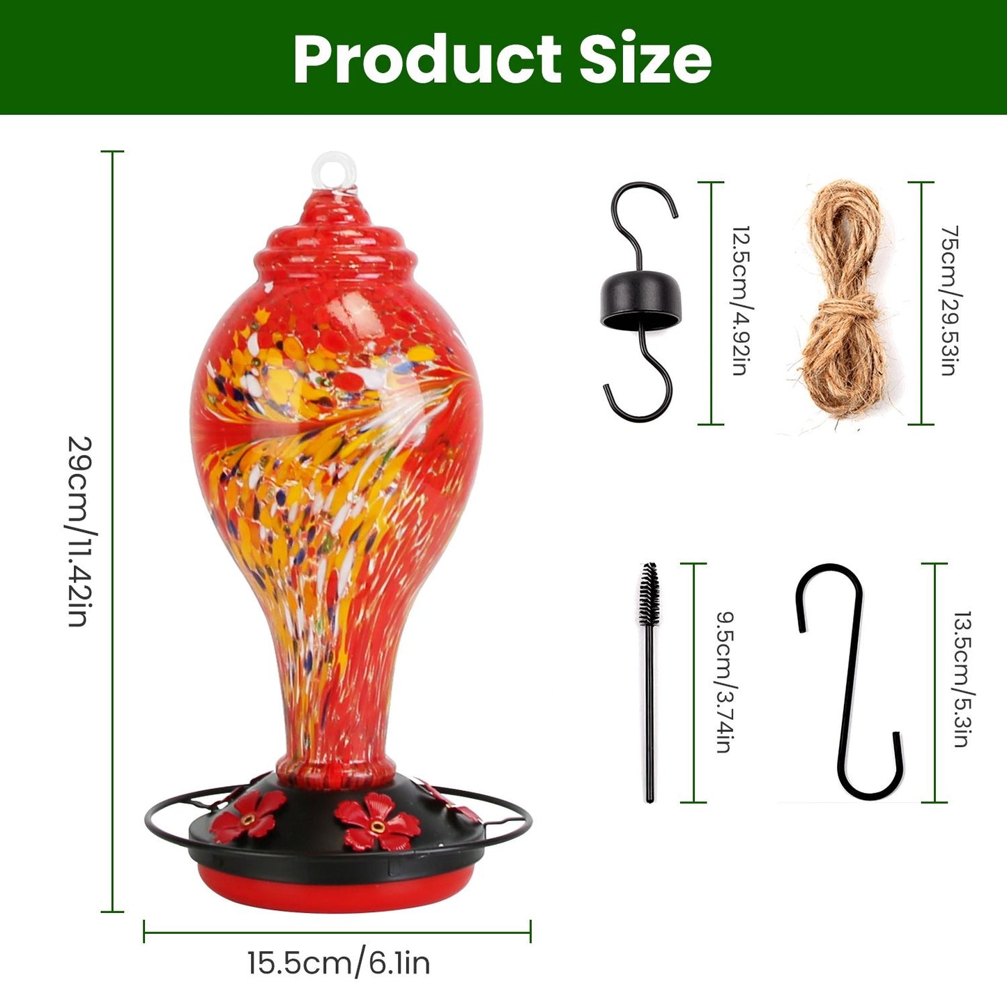 Glass Hummingbird Feeder 33OZ Hand Blown Hummingbird Feeder with 5 Flower Feeding Port Perch Ant Moat Hanging Hook S Hook Hemp Rope Cleaning Brush for Garden Backyard Decor