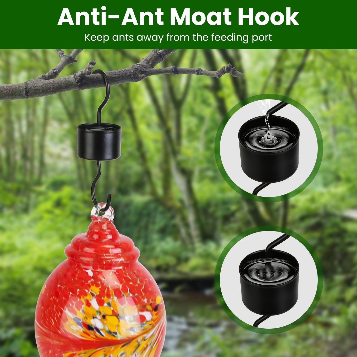 Glass Hummingbird Feeder 33OZ Hand Blown Hummingbird Feeder with 5 Flower Feeding Port Perch Ant Moat Hanging Hook S Hook Hemp Rope Cleaning Brush for Garden Backyard Decor