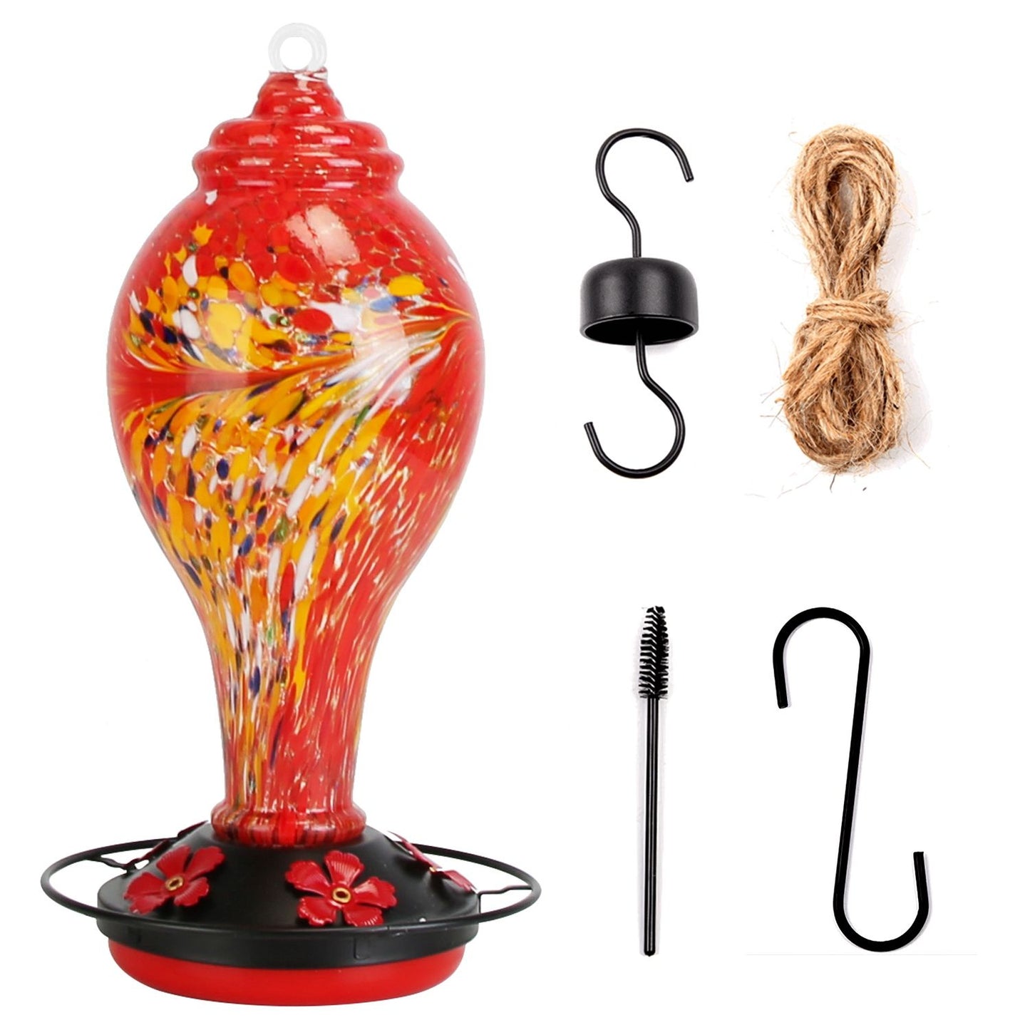 Glass Hummingbird Feeder 33OZ Hand Blown Hummingbird Feeder with 5 Flower Feeding Port Perch Ant Moat Hanging Hook S Hook Hemp Rope Cleaning Brush for Garden Backyard Decor