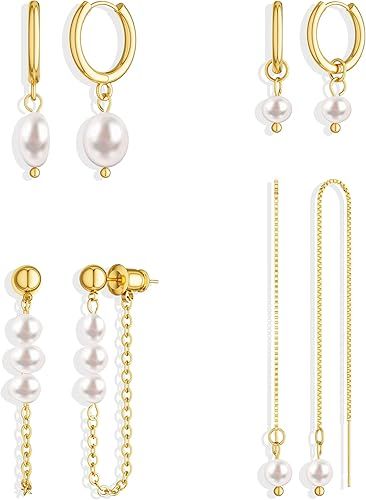 Gold Earrings for Women No Tarnish - Trendy 14K Gold Plated Pearl Hoop Studs Chain Earrings Stacks for Women Wedding Jewelry Gift