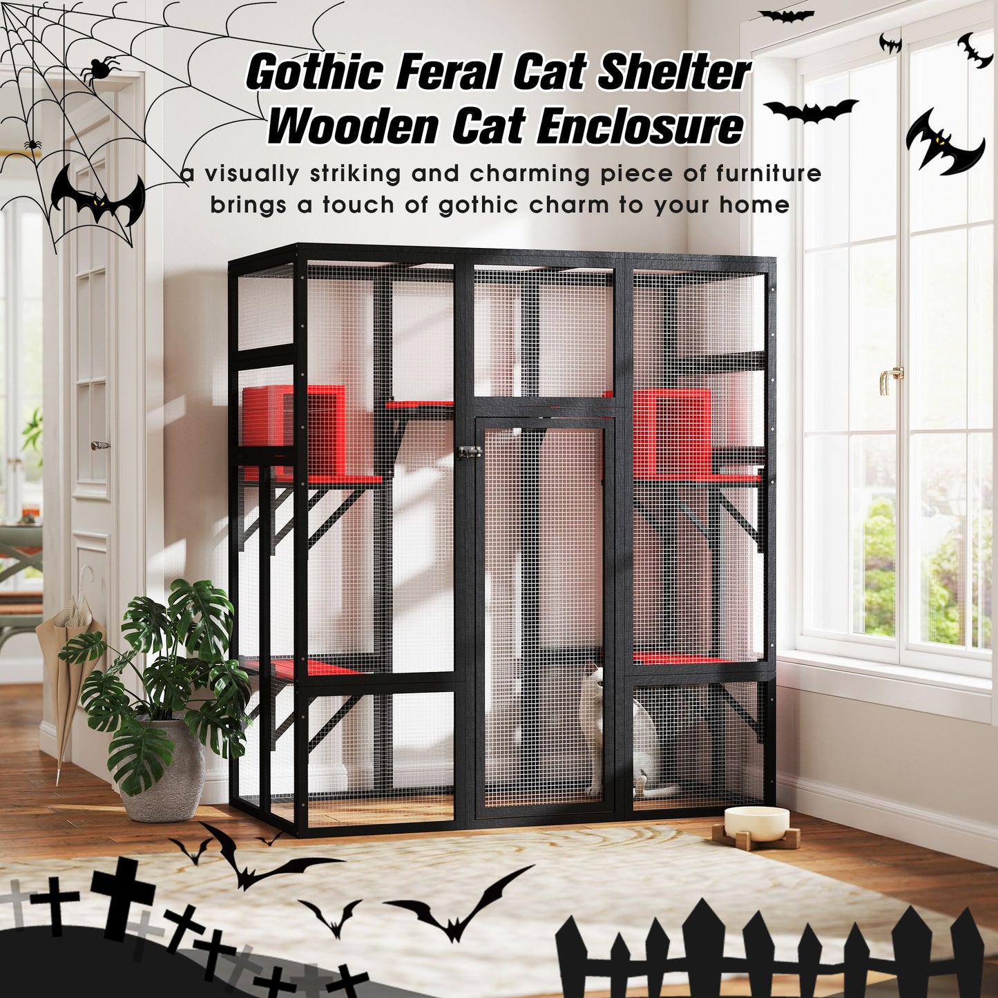 Gothic Outdoor Large Cat Catio, Wood Cat Enclosure with Platforms and Condos, Patio Cat Window Box, Weatherproof, Black and Red
