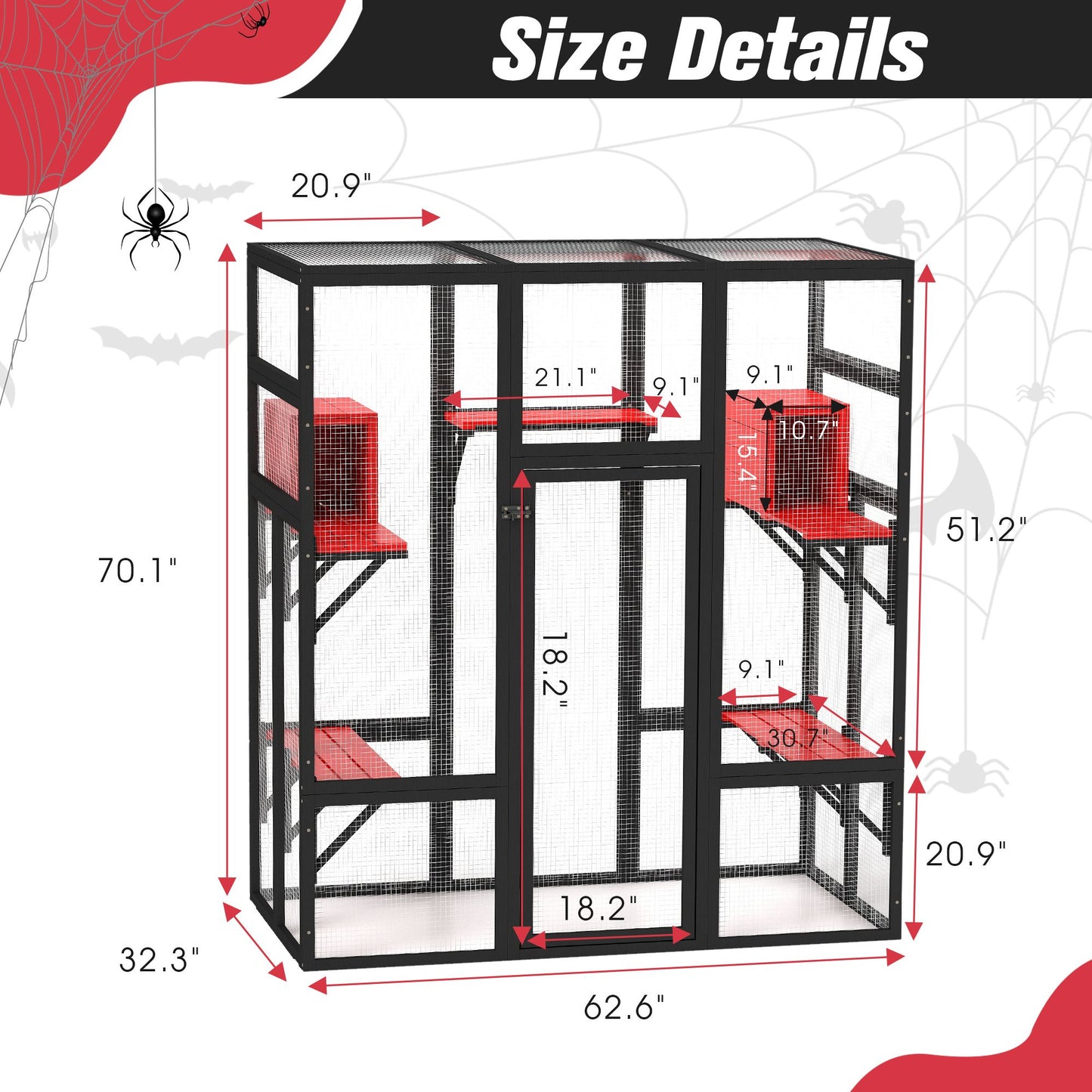 Gothic Outdoor Large Cat Catio, Wood Cat Enclosure with Platforms and Condos, Patio Cat Window Box, Weatherproof, Black and Red