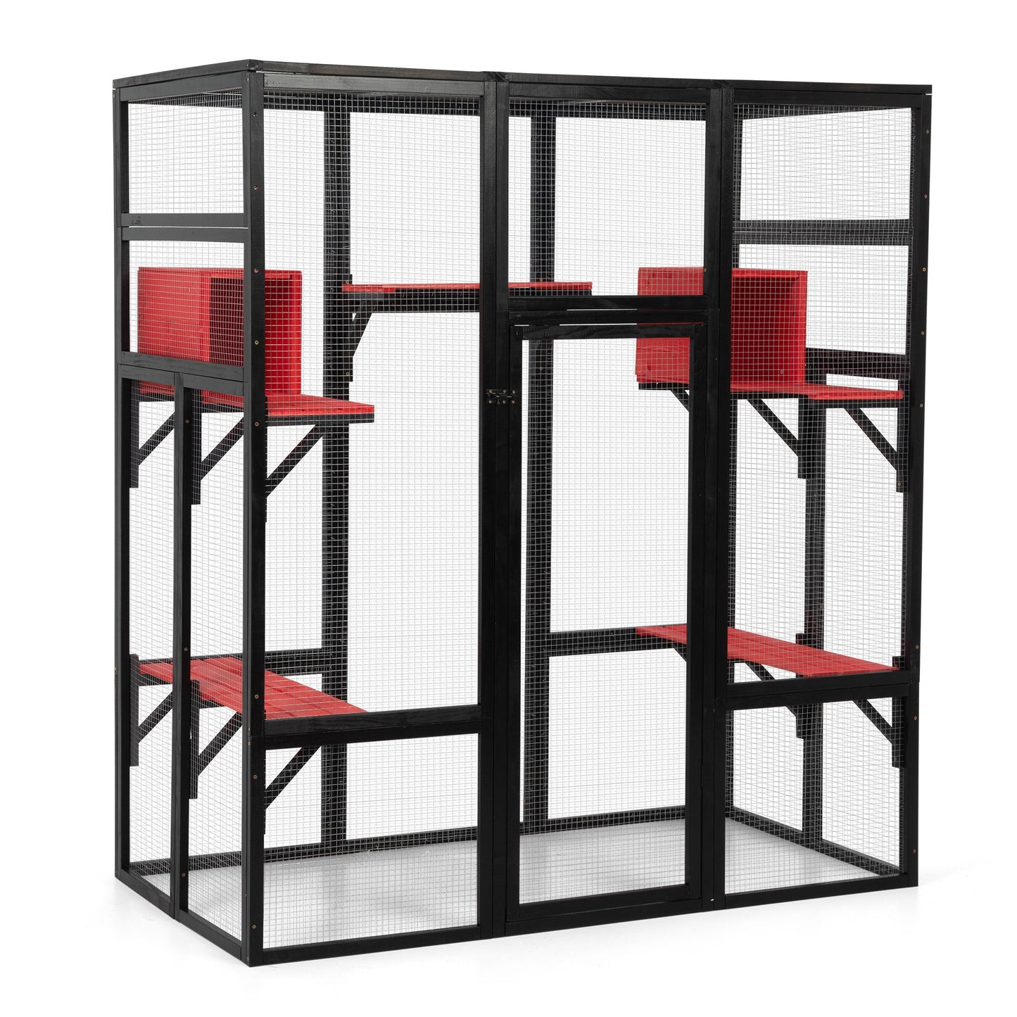 Gothic Outdoor Large Cat Catio, Wood Cat Enclosure with Platforms and Condos, Patio Cat Window Box, Weatherproof, Black and Red