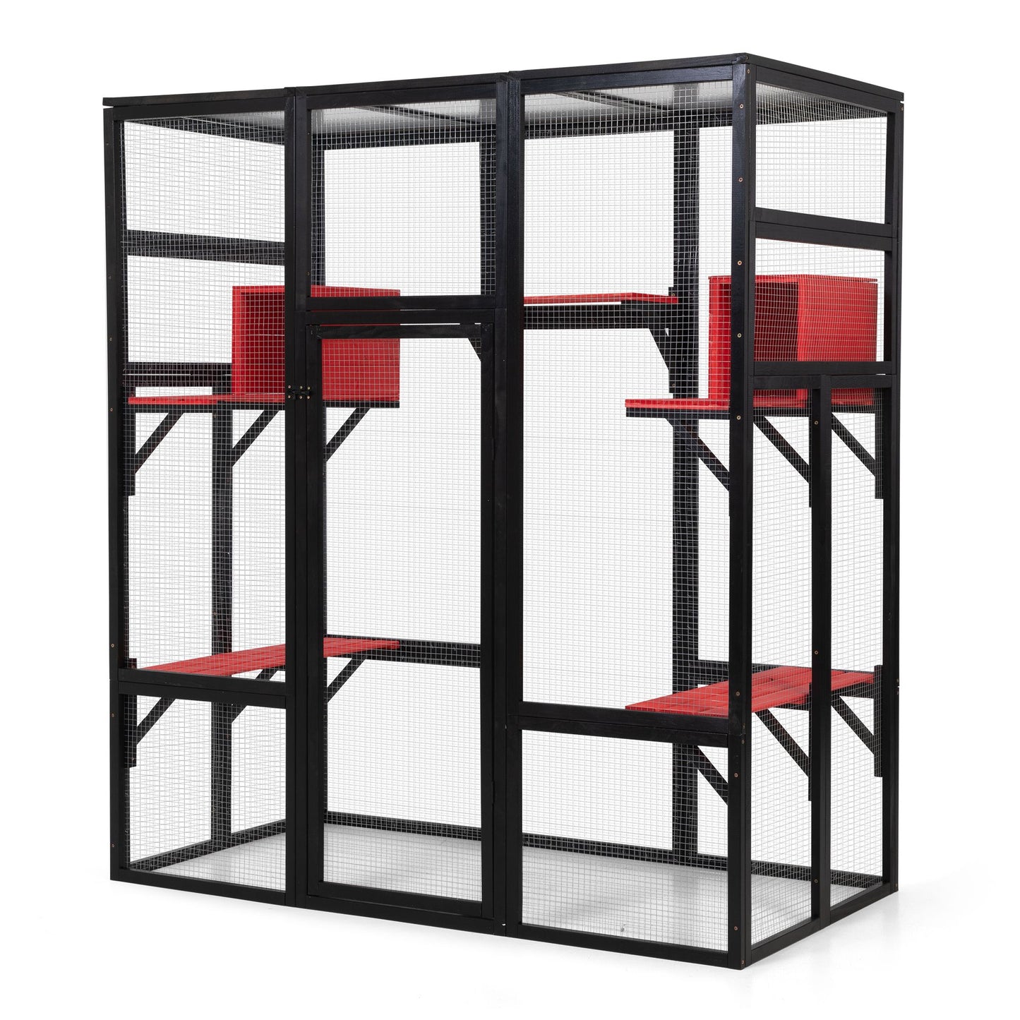 Gothic Outdoor Large Cat Catio, Wood Cat Enclosure with Platforms and Condos, Patio Cat Window Box, Weatherproof, Black and Red