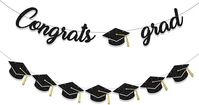 Graduation Decorations Class of 2025 Party Supplies - Congrats Grad Banner and Graduation Cap Banner (Pre-Strung)