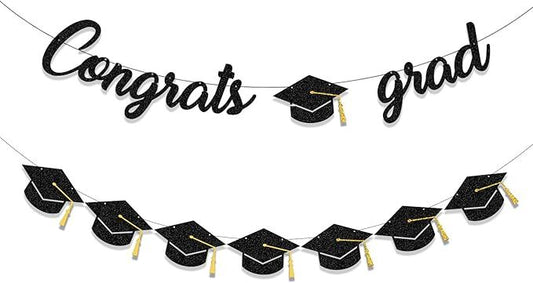 Graduation Decorations Class of 2025 Party Supplies - Congrats Grad Banner and Graduation Cap Banner (Pre-Strung)
