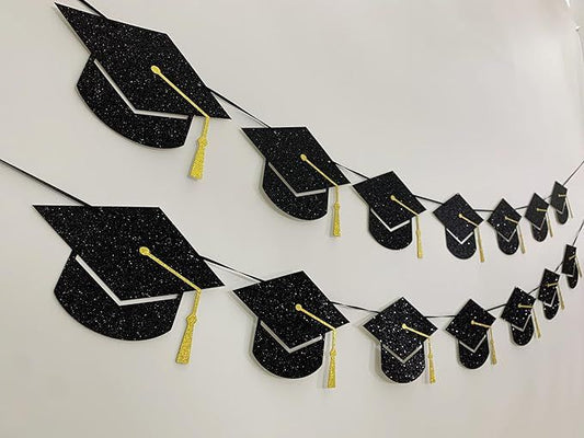Graduation Decorations Class of 2025 Party Supplies - Graduation Grad Caps Banner (Pre-Strung)