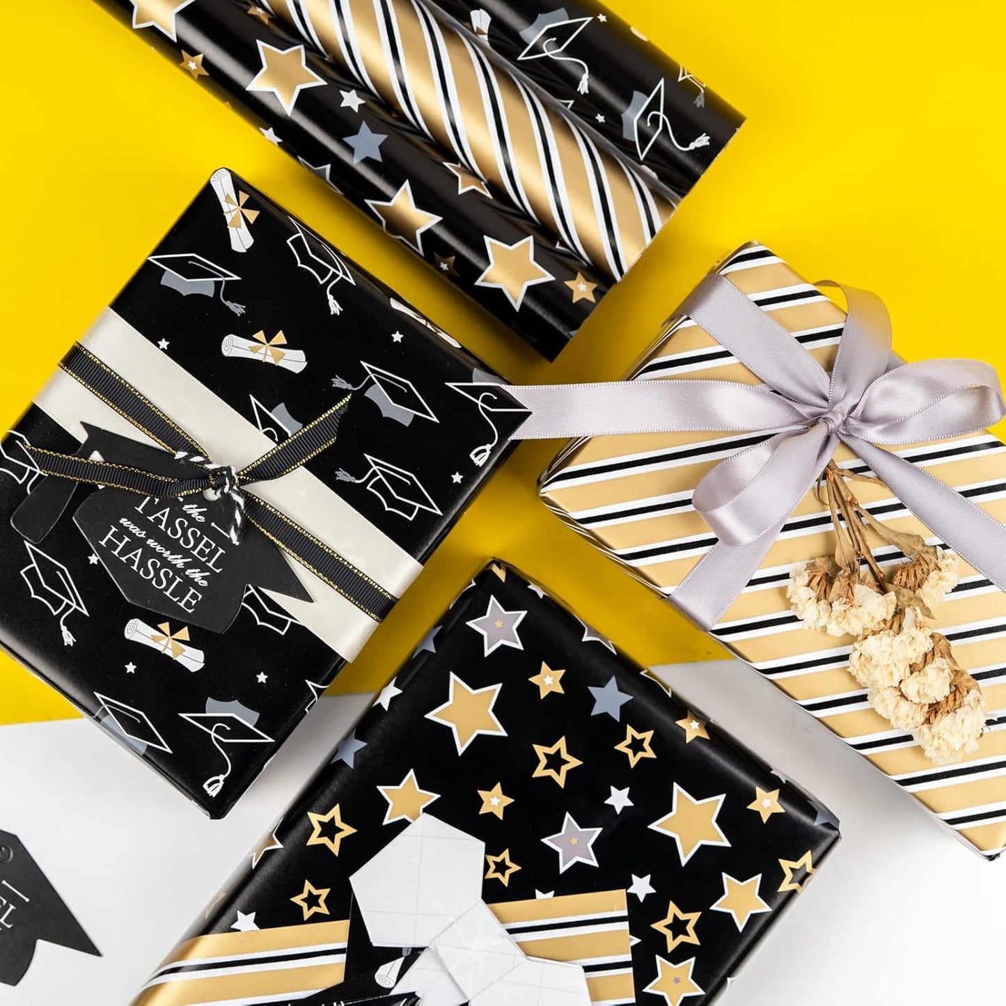 Graduation Gift Wrapping Paper Roll - 17in x 120in Per Roll - Black Gold Foil Star, Stripe & Graduation Cap Gift Wrap Paper Sheets for Party, High School, College, Annusarily Back to School